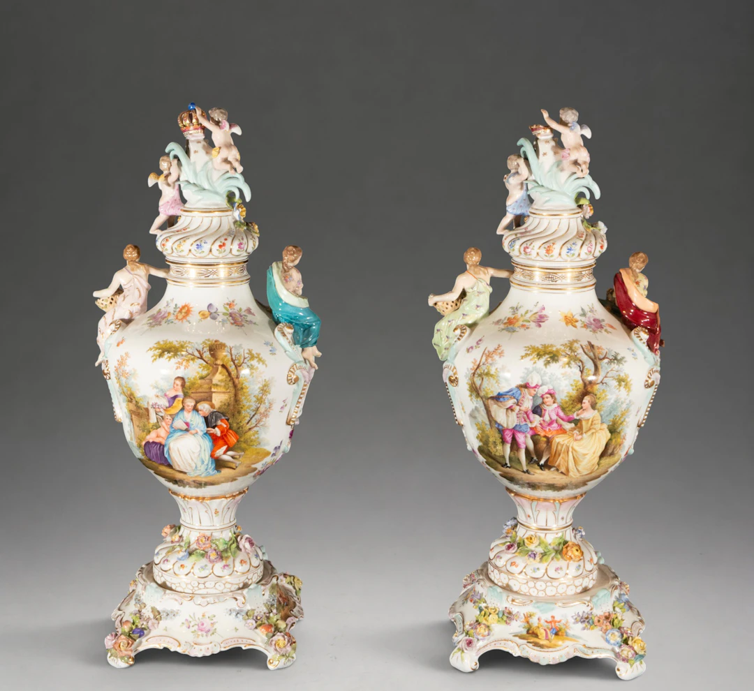 Magnificent and Large Pair of German Dresden Porcelain Vases from
