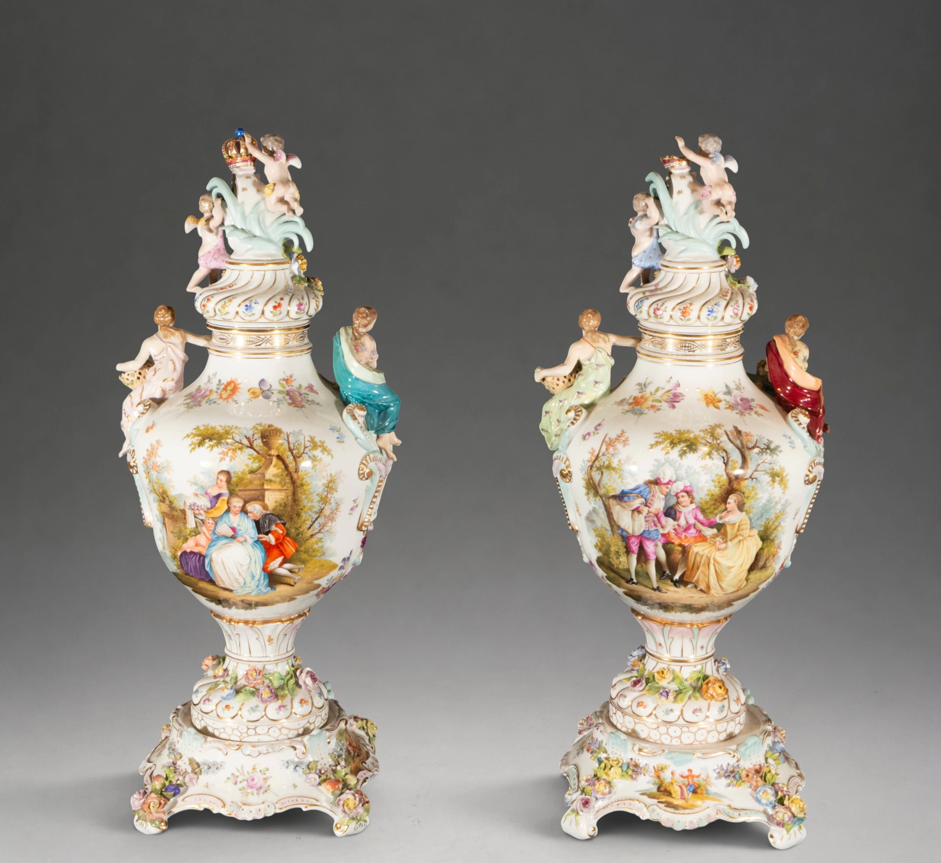 Magnificent and Large Pair of German Dresden Porcelain Vases from