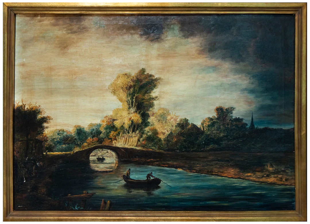 River landscape with bridge and boat – Central European school – 19th century