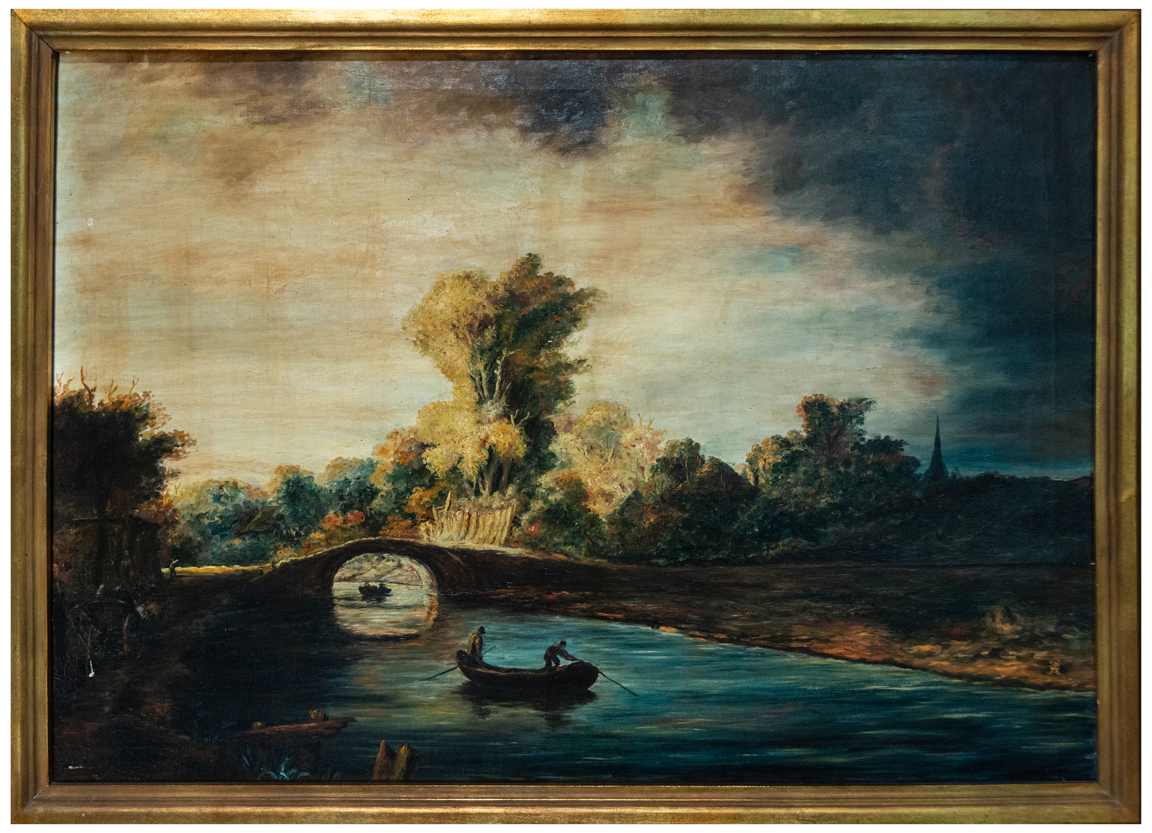 River landscape with bridge and boat – Central European school – 19th century
