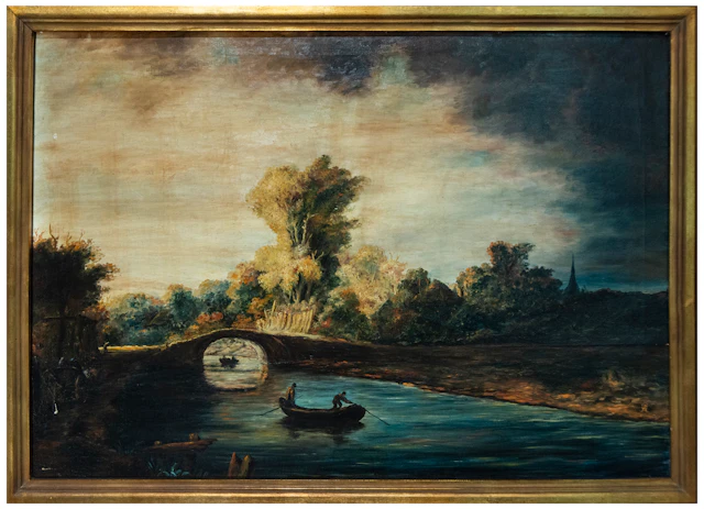 River landscape with bridge and boat – Central European school – 19th century
