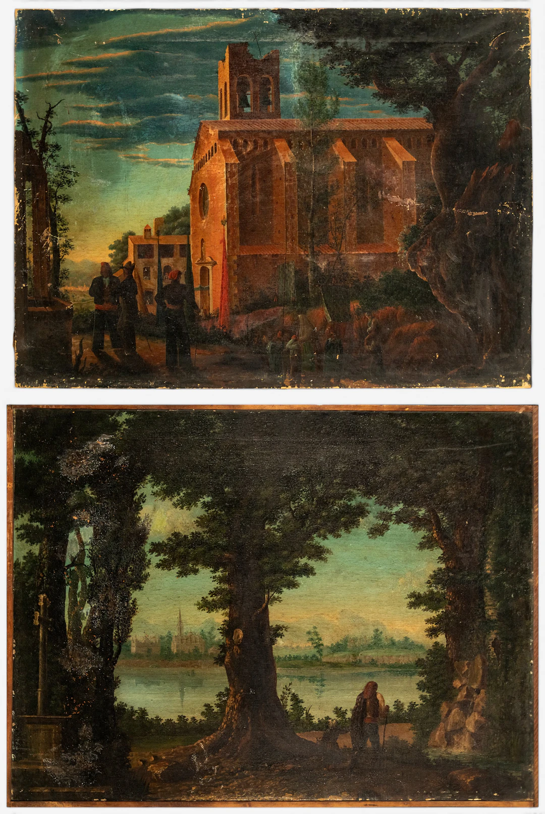 Pair of 18th-century Italian oil paintings featuring a cathedral