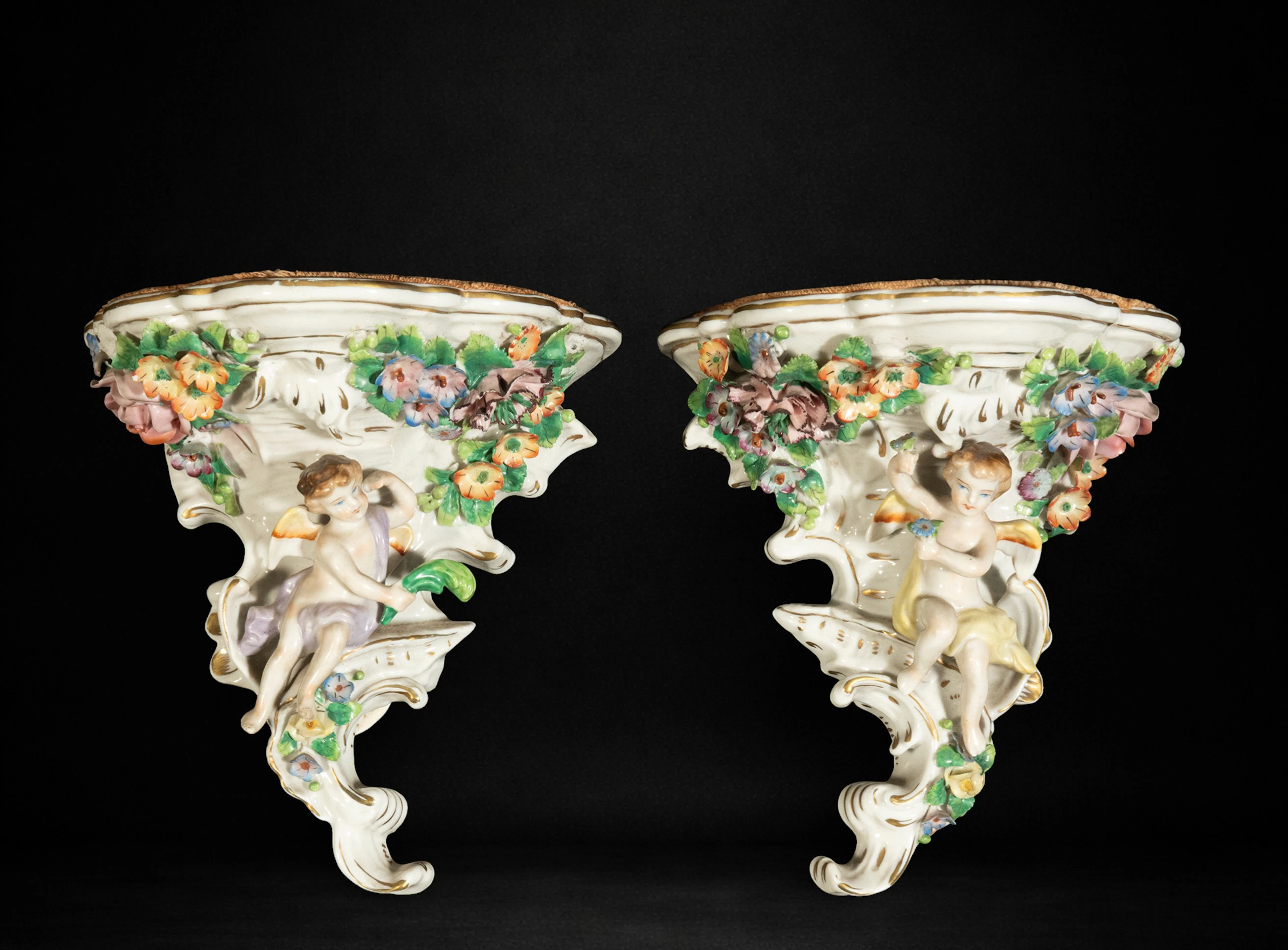 Pair of Important Wall Brackets in Naples Capodimonte Porcelain, 19th Century