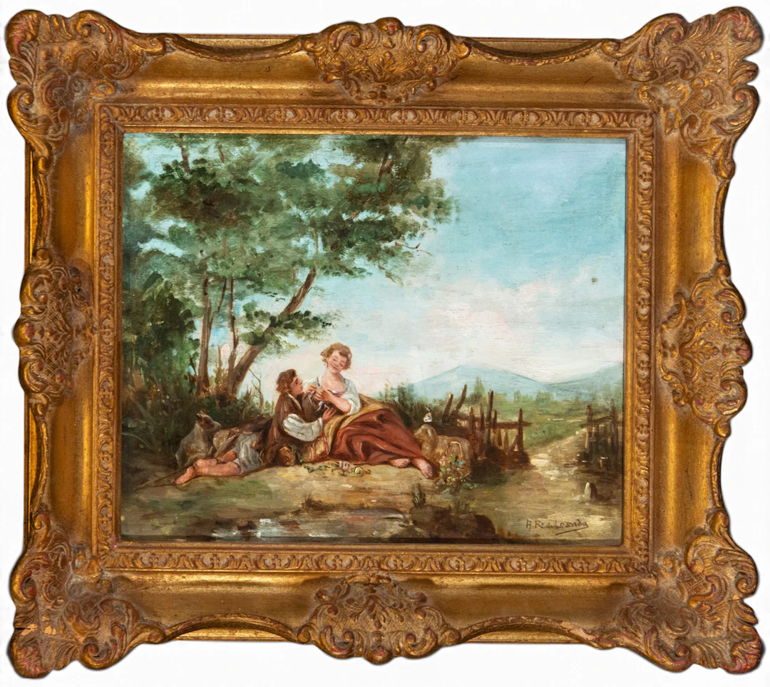 Pastoral scene with woman, child and animals – European School – 19th century