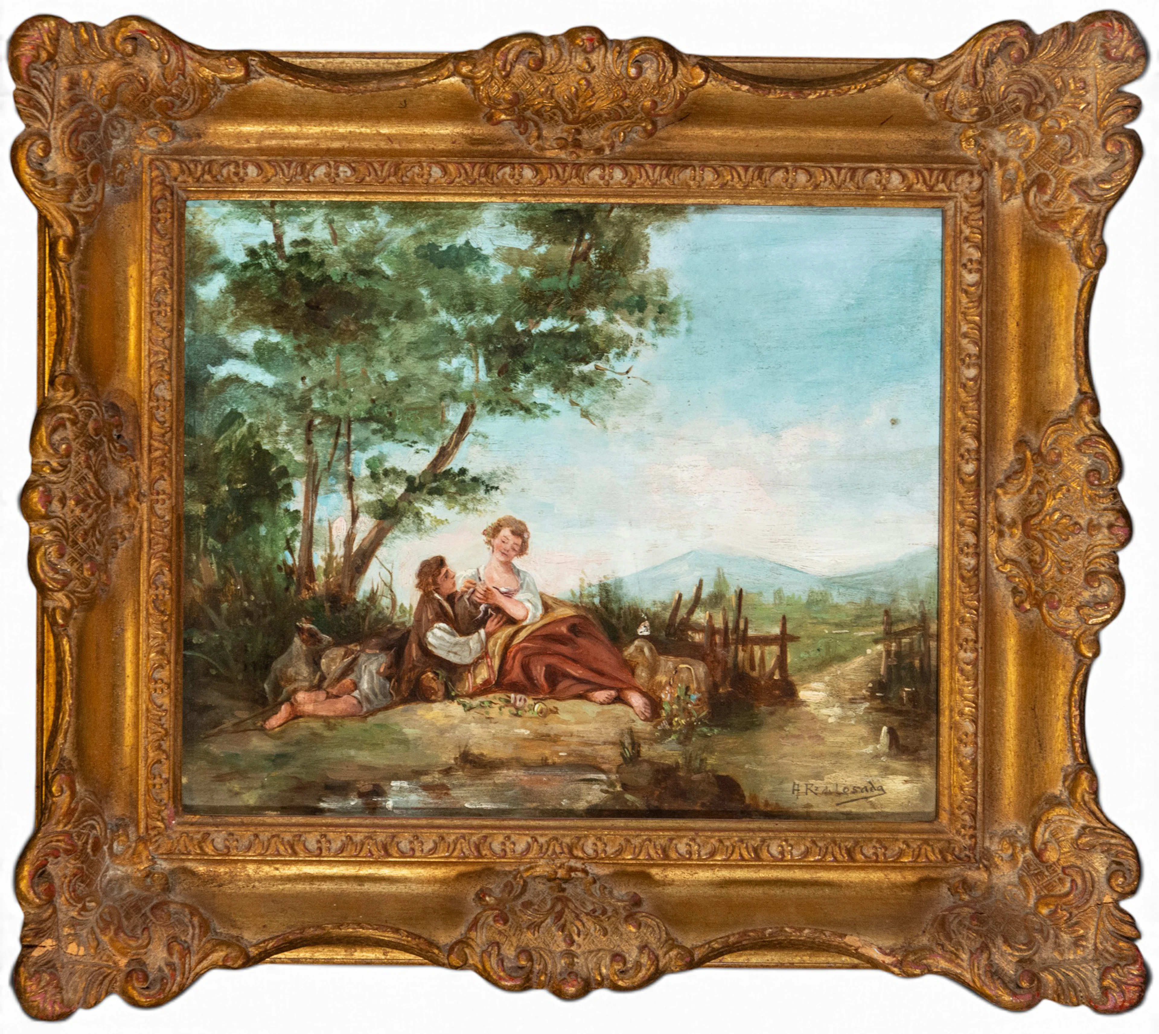 Pastoral scene with woman, child and animals – European School – 19th century