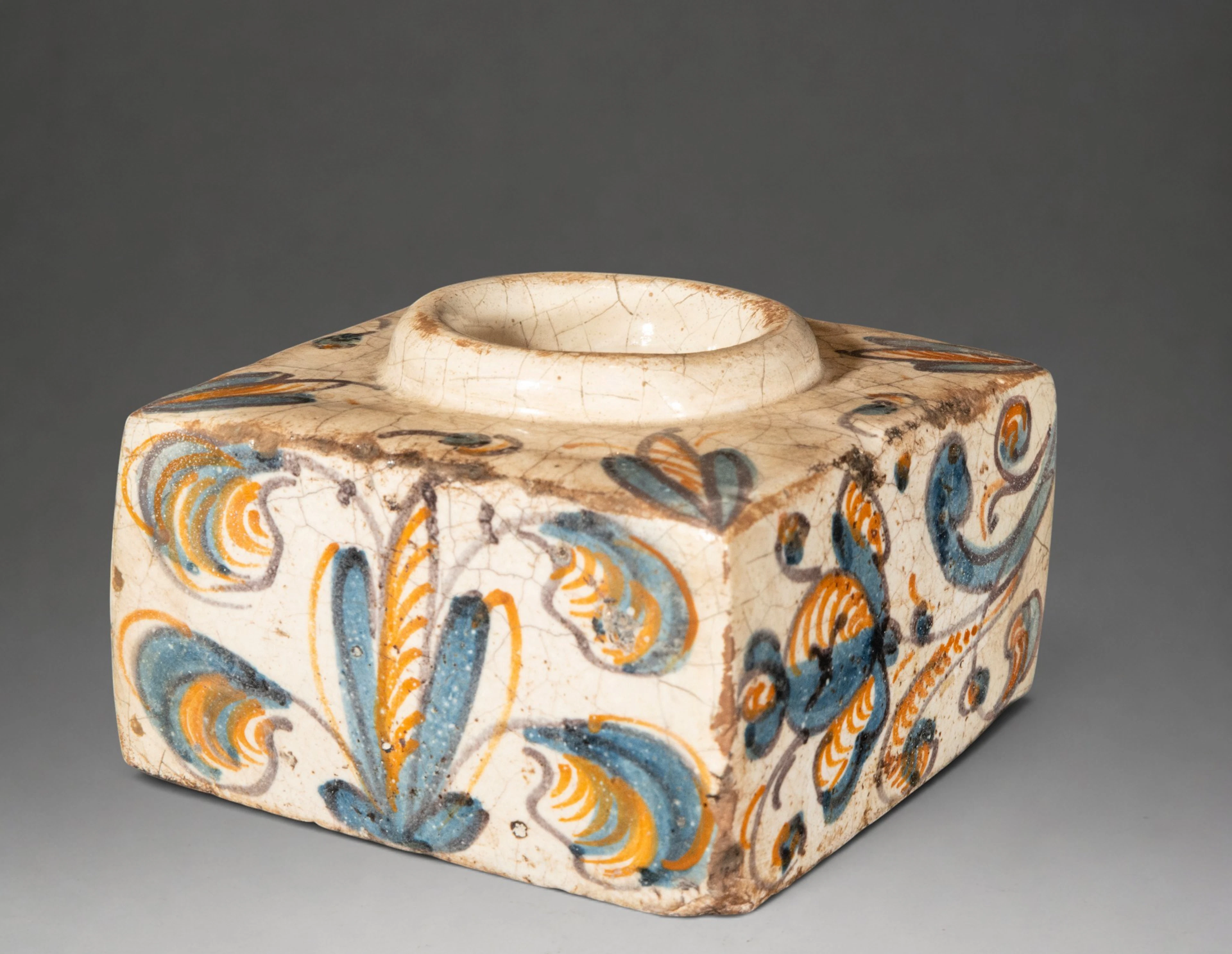 Talavera pottery - Square ceramic inkwell with polychrome vegetal