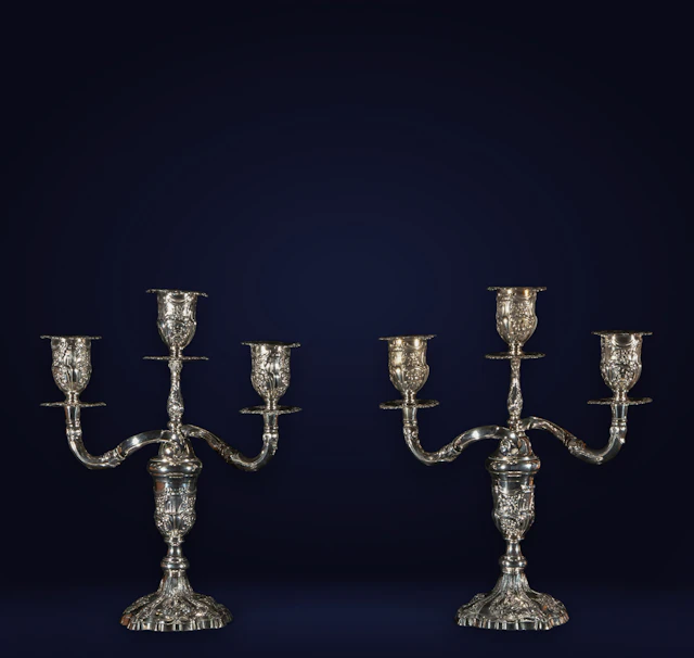 Pair of Spanish silver candelabras from Durán, Madrid, 20th century
