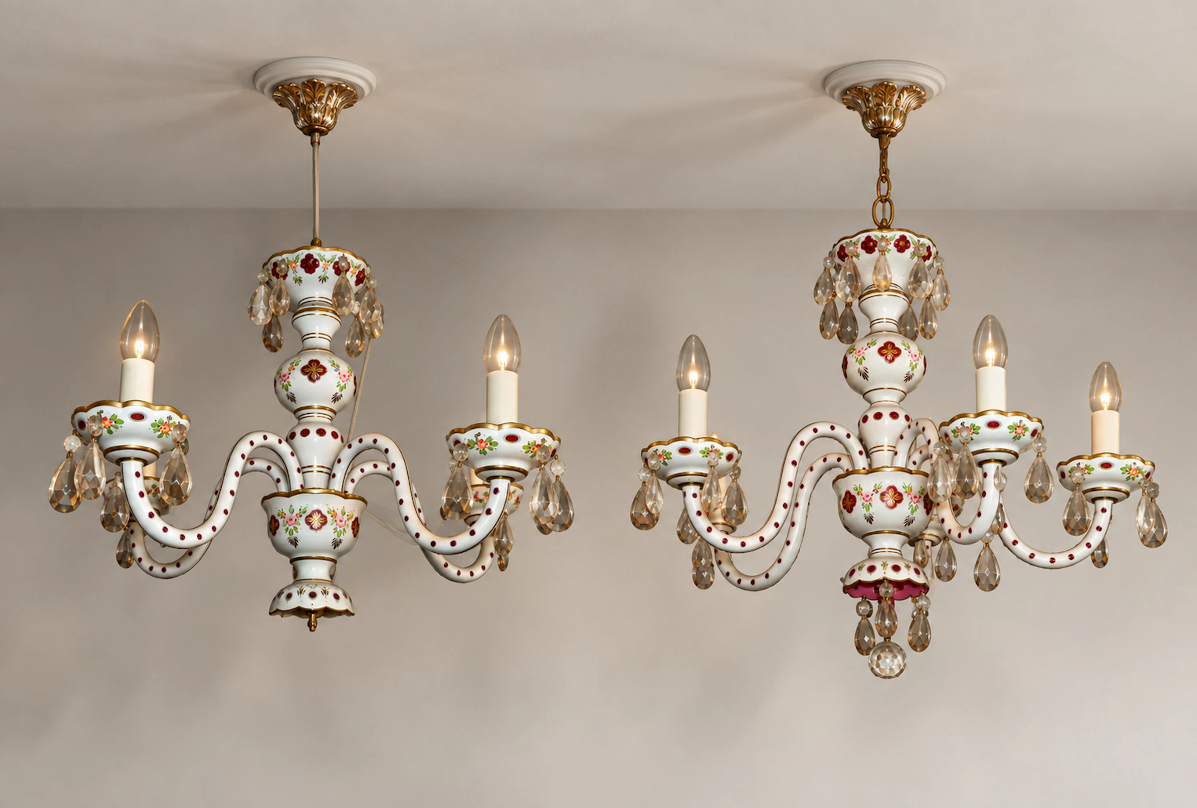 Pair of decorated opaline and crystal ceiling lamps – European School