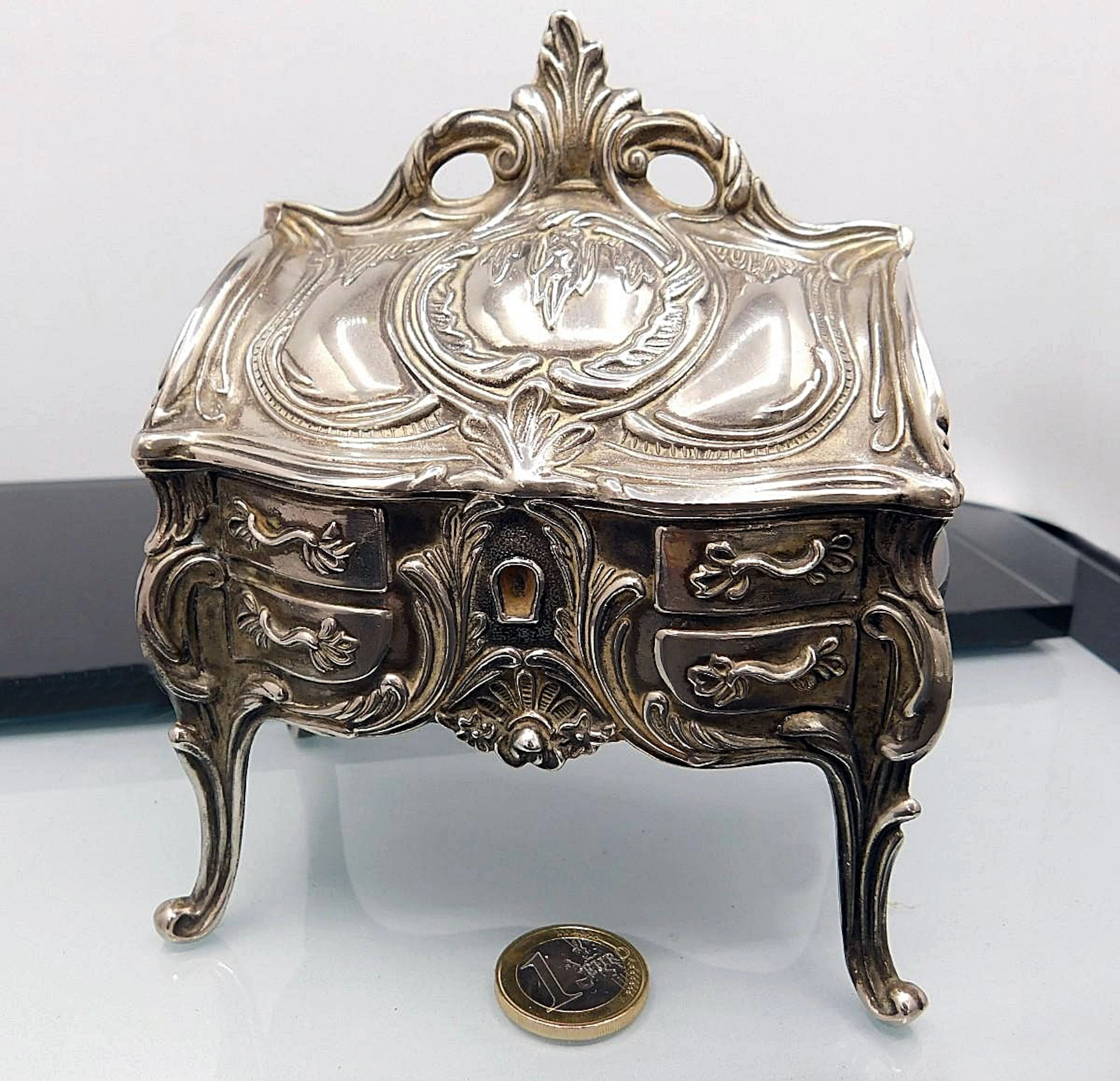 Art Nouveau jewelry-secretary cabinet with antimony silver plating