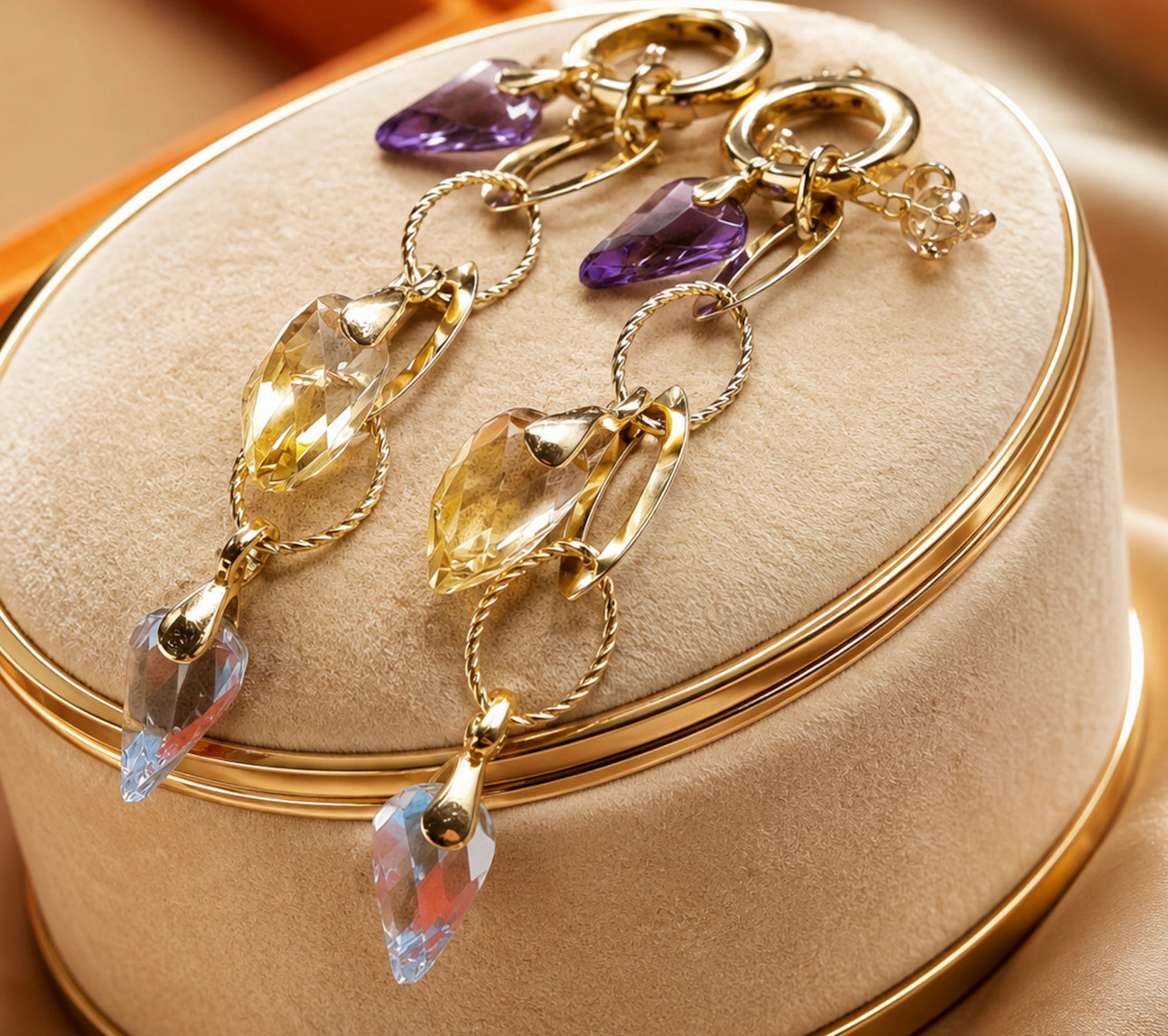 Long 18-karat gold earrings with aquamarines, citrines and amethysts