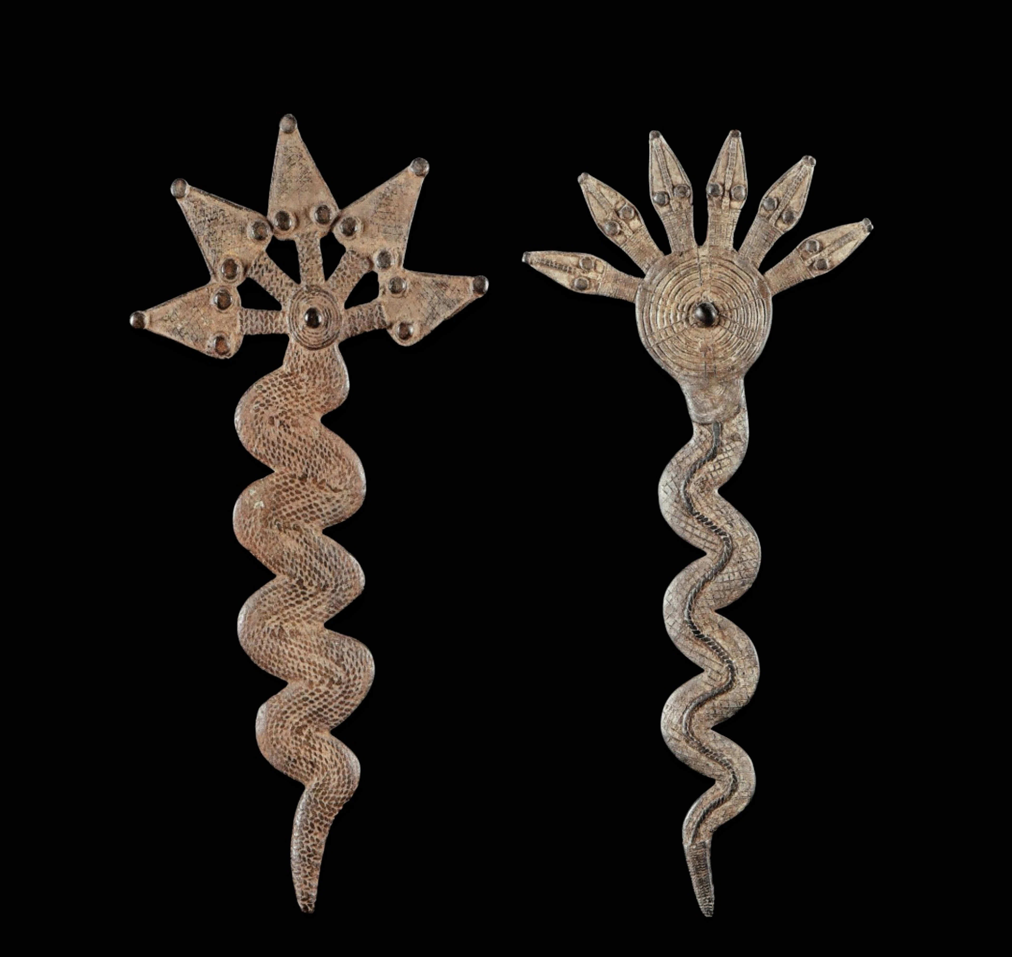 Two torfans topped with snake heads, Gan, Burkina Faso, 19th-20th centuries