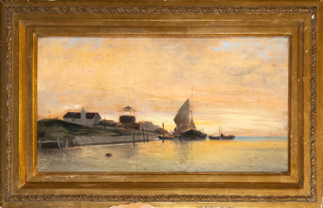 Coastal landscape with sailing vessels – European School – 19th century