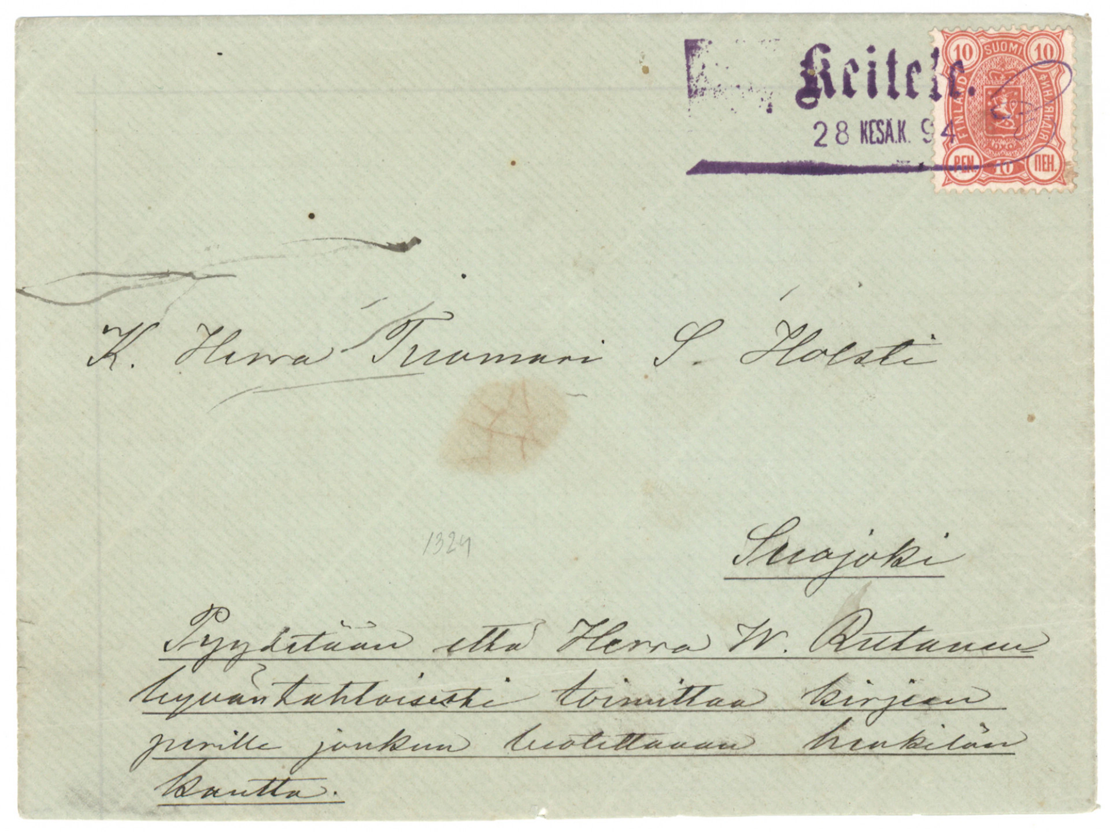 Ship name cancellation: KEITELE 28 Kesä.k. 1894 (June) with an issue