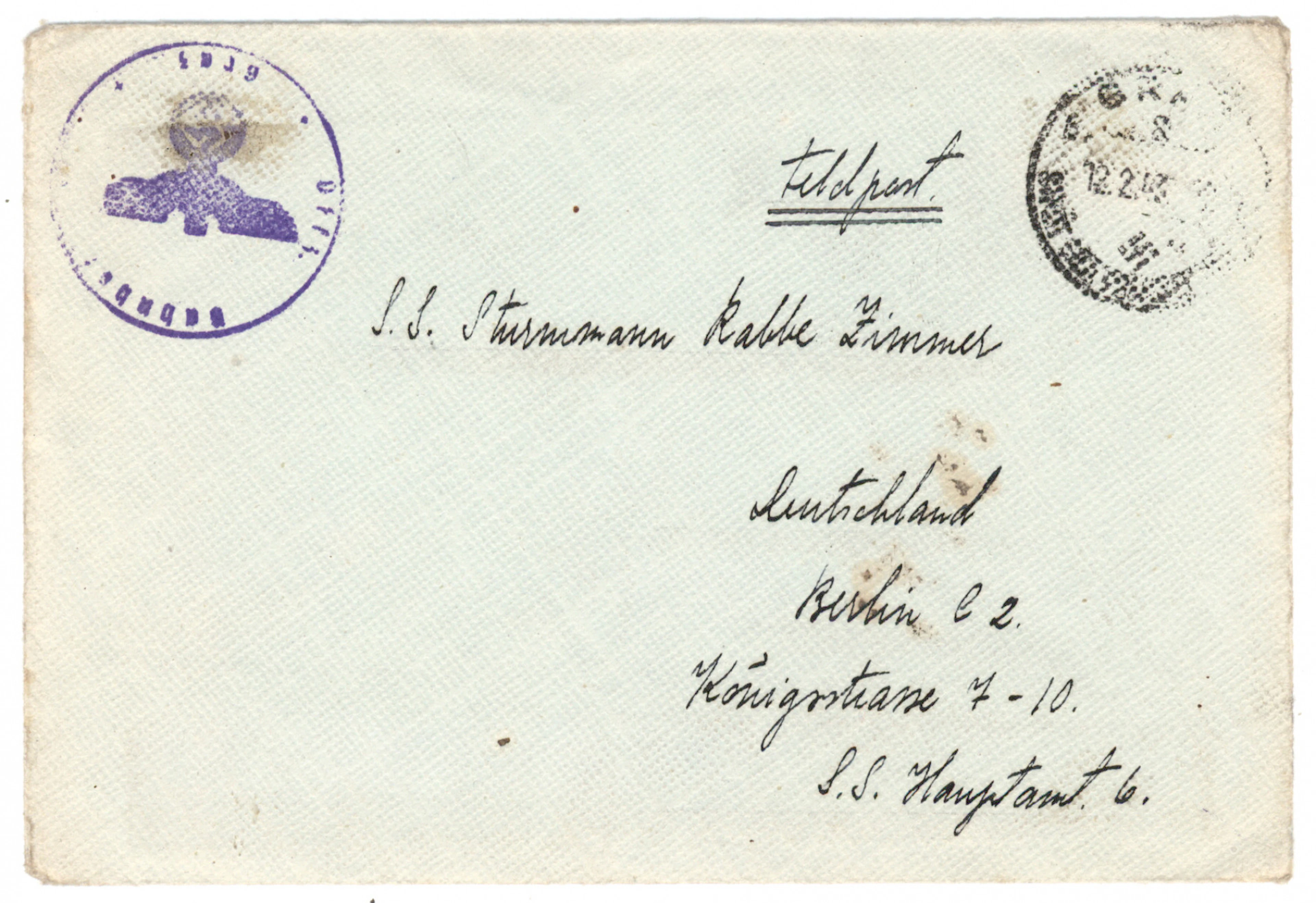 SS volunteer mail: letter to a volunteer in Berlin SS censorship