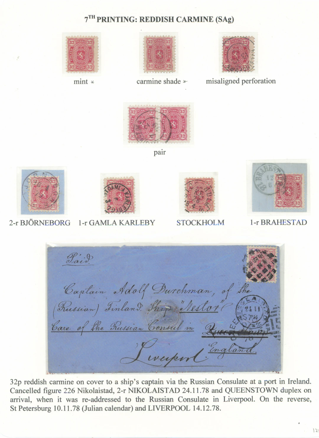 32 penni 7th printing, reddish carmine. Fine collection page, including