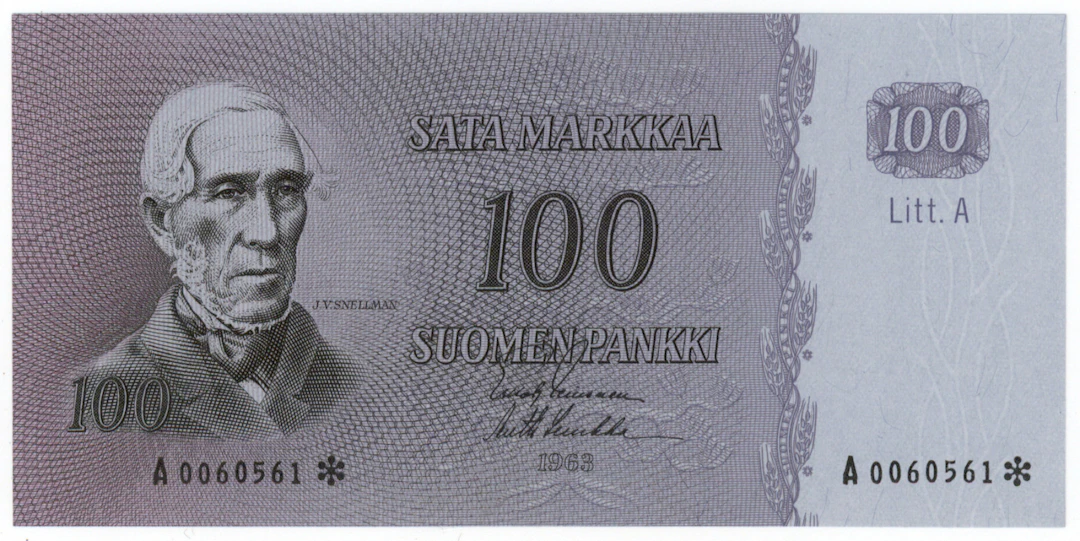 1963 100 markka Litt.A A0060561* LEI/Luu. RARER SIGNATURE PAIR. No
