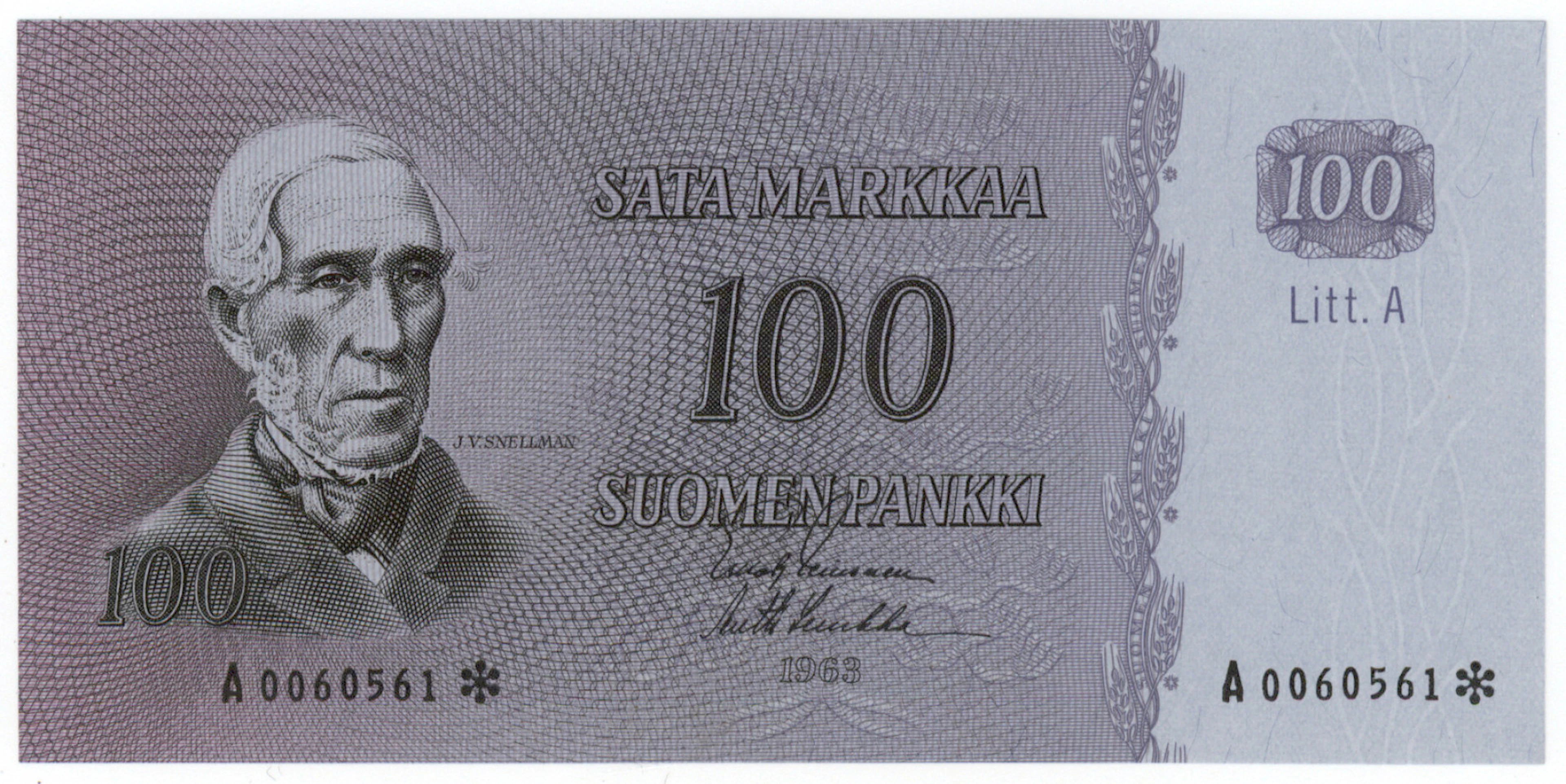 1963 100 markka Litt.A A0060561* LEI/Luu. RARER SIGNATURE PAIR. No