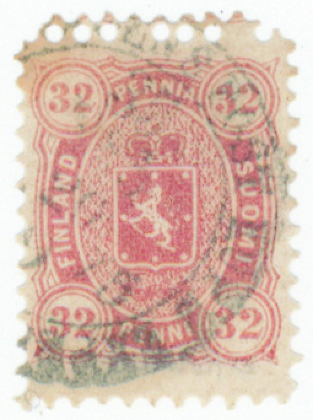 32 penni pale rose, DOUBLE PERFORATION at top, neat Postkupee cancellation.