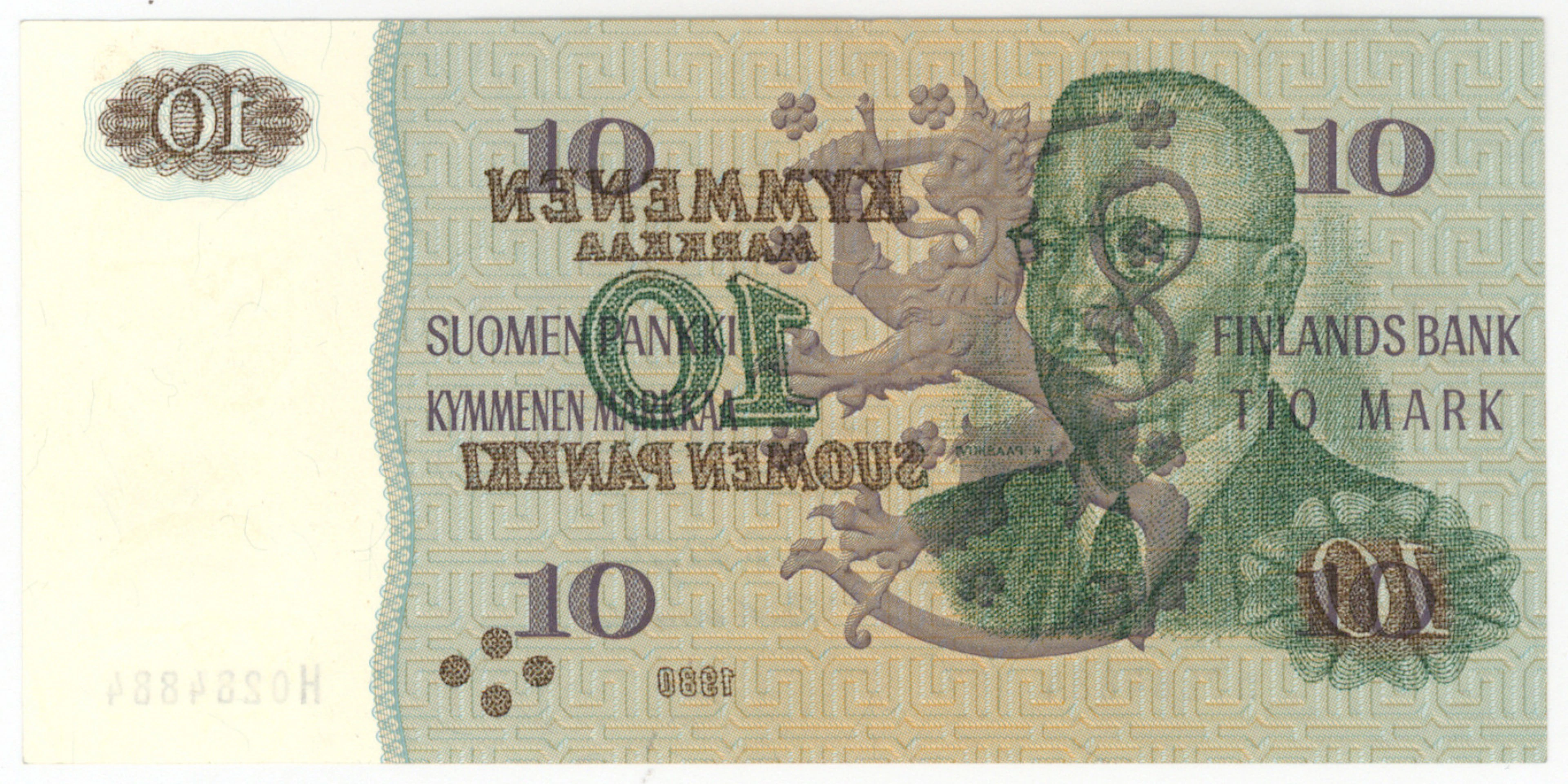 1980 10 markka on the other side printing twice / nice offset.