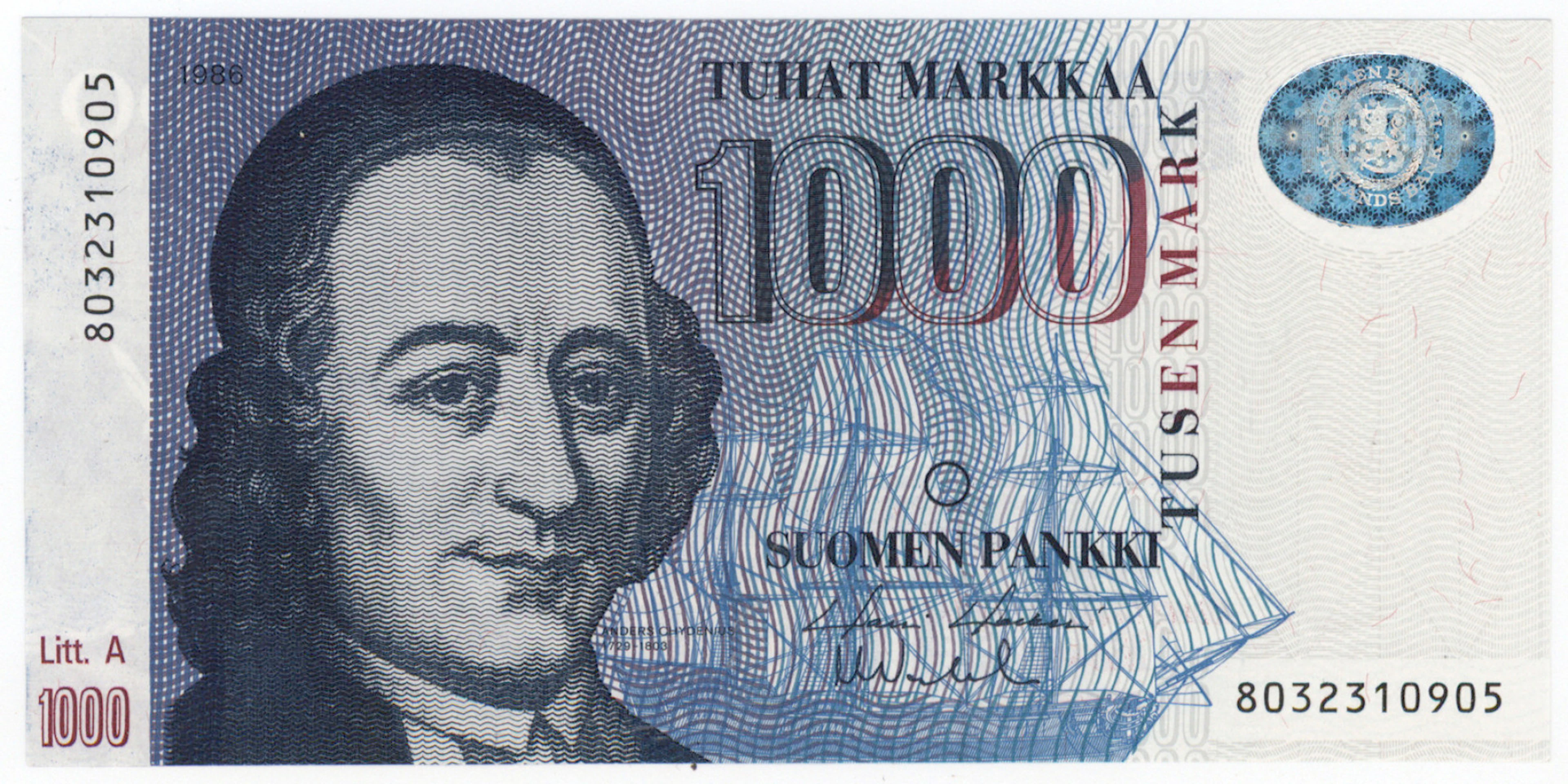 1986 1000 markka Litt. A, condition 0/01