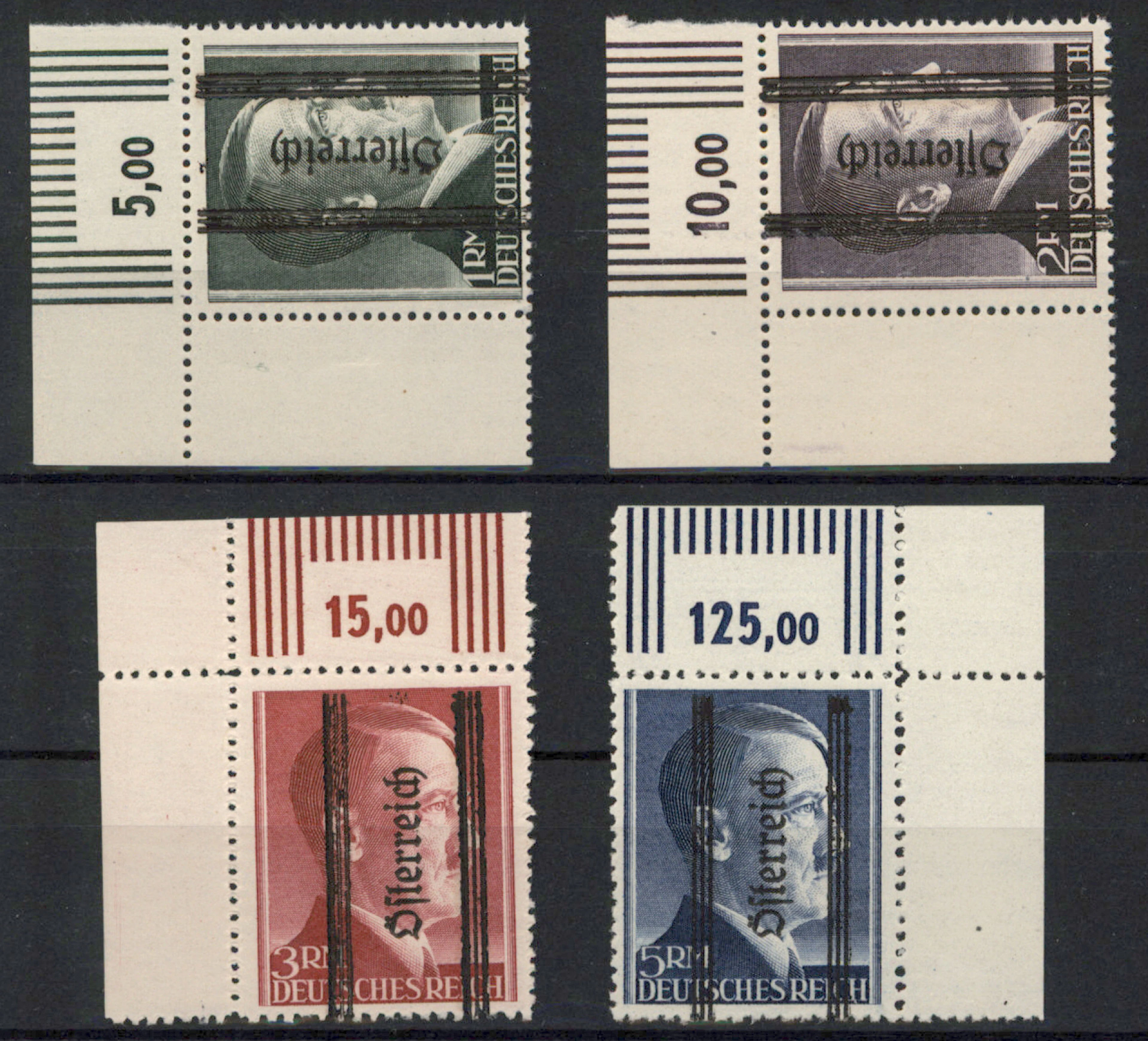 1945 Hitler 1 RM - 5 RM with ”Österreich” overprint, Mi 693B - 696B.