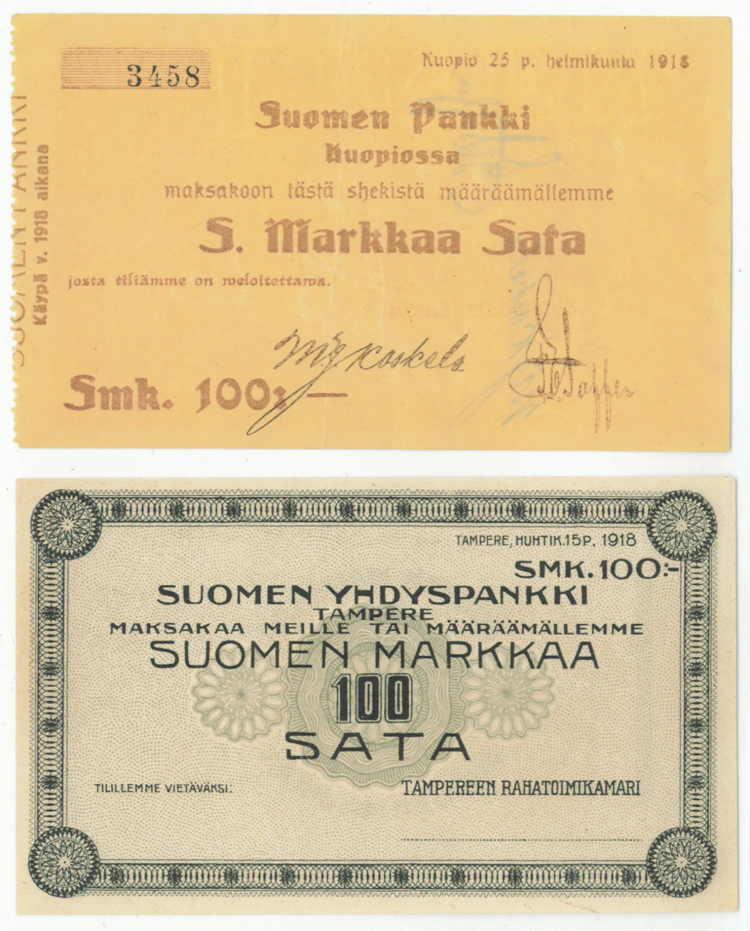 Bank of Finland (Kuopio) and Suomen Yhdyspankki one hundred markka