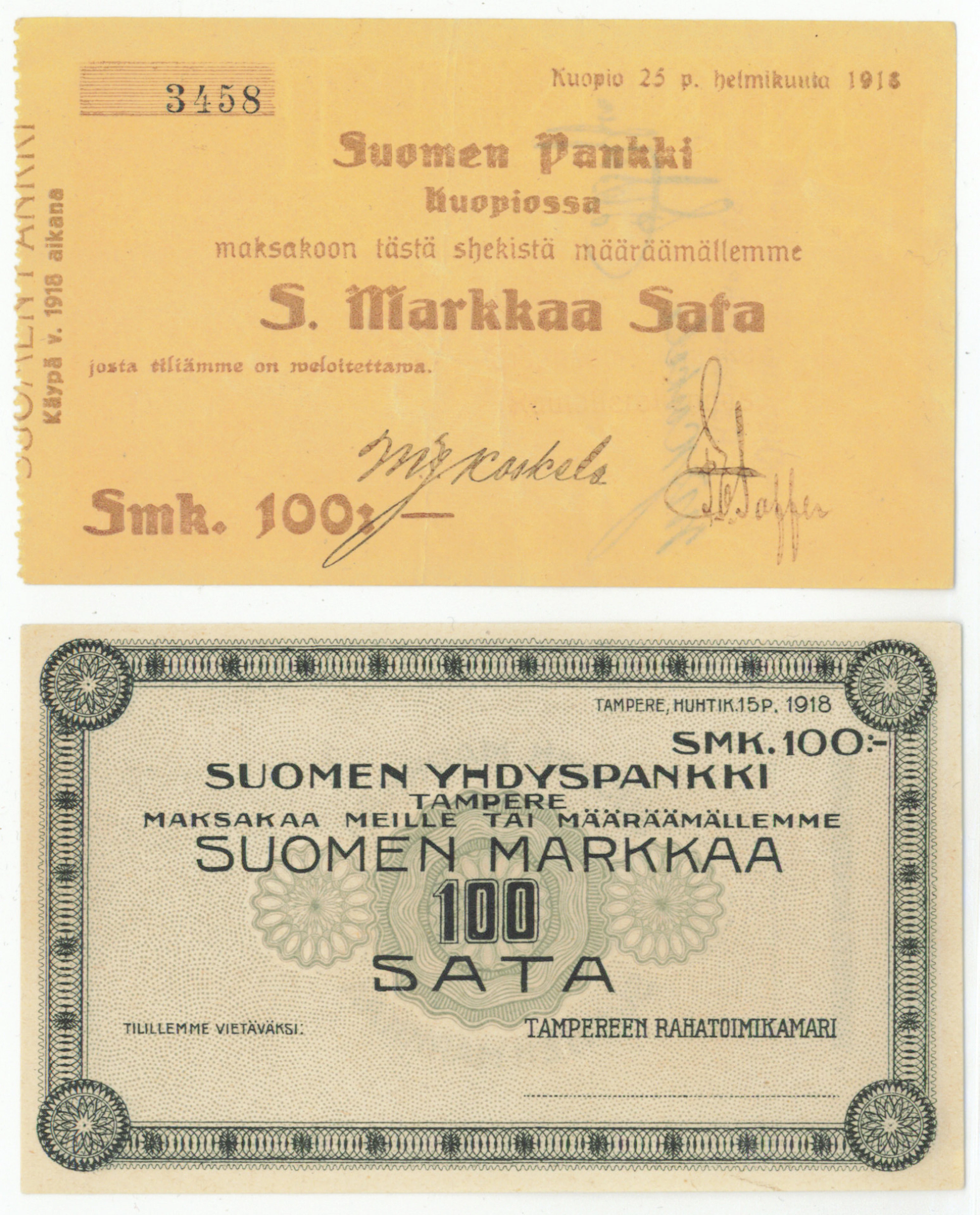 Bank of Finland (Kuopio) and Suomen Yhdyspankki one hundred markka