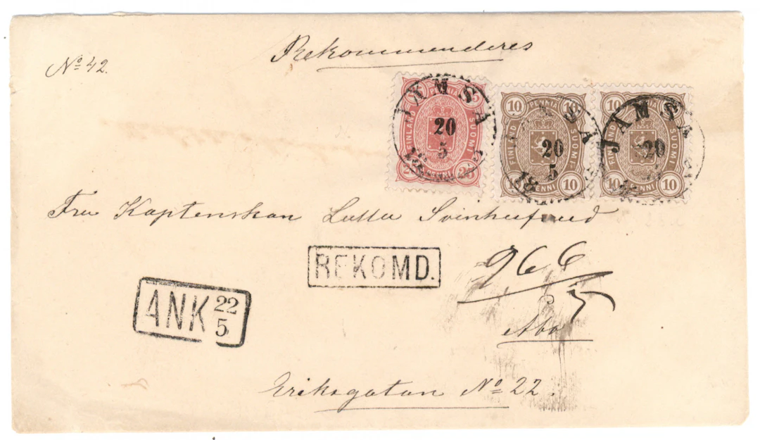 10 penni gray-brown pair and 25 penni dull aniline-red on a fine registered