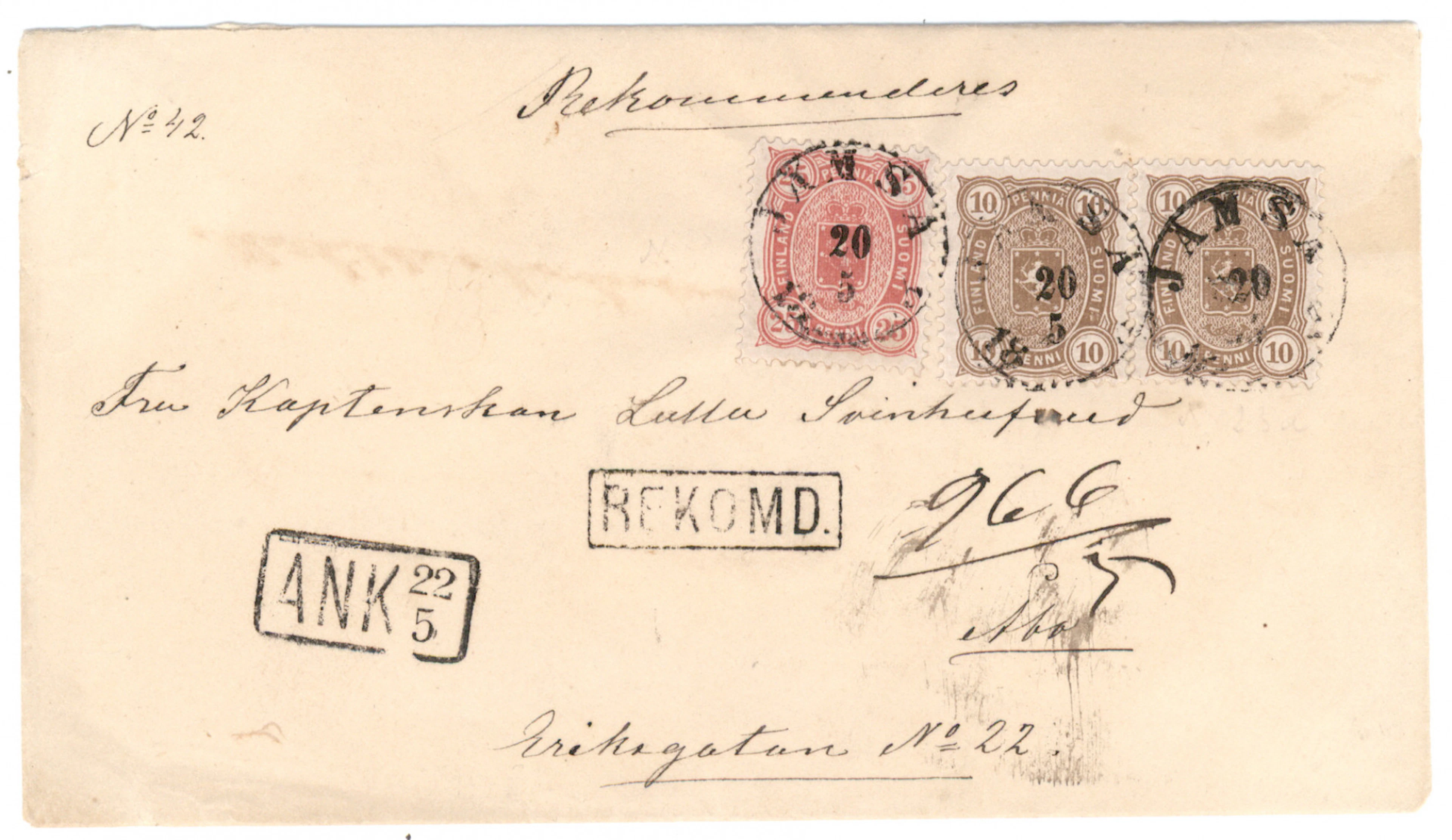 10 penni gray-brown pair and 25 penni dull aniline-red on a fine registered