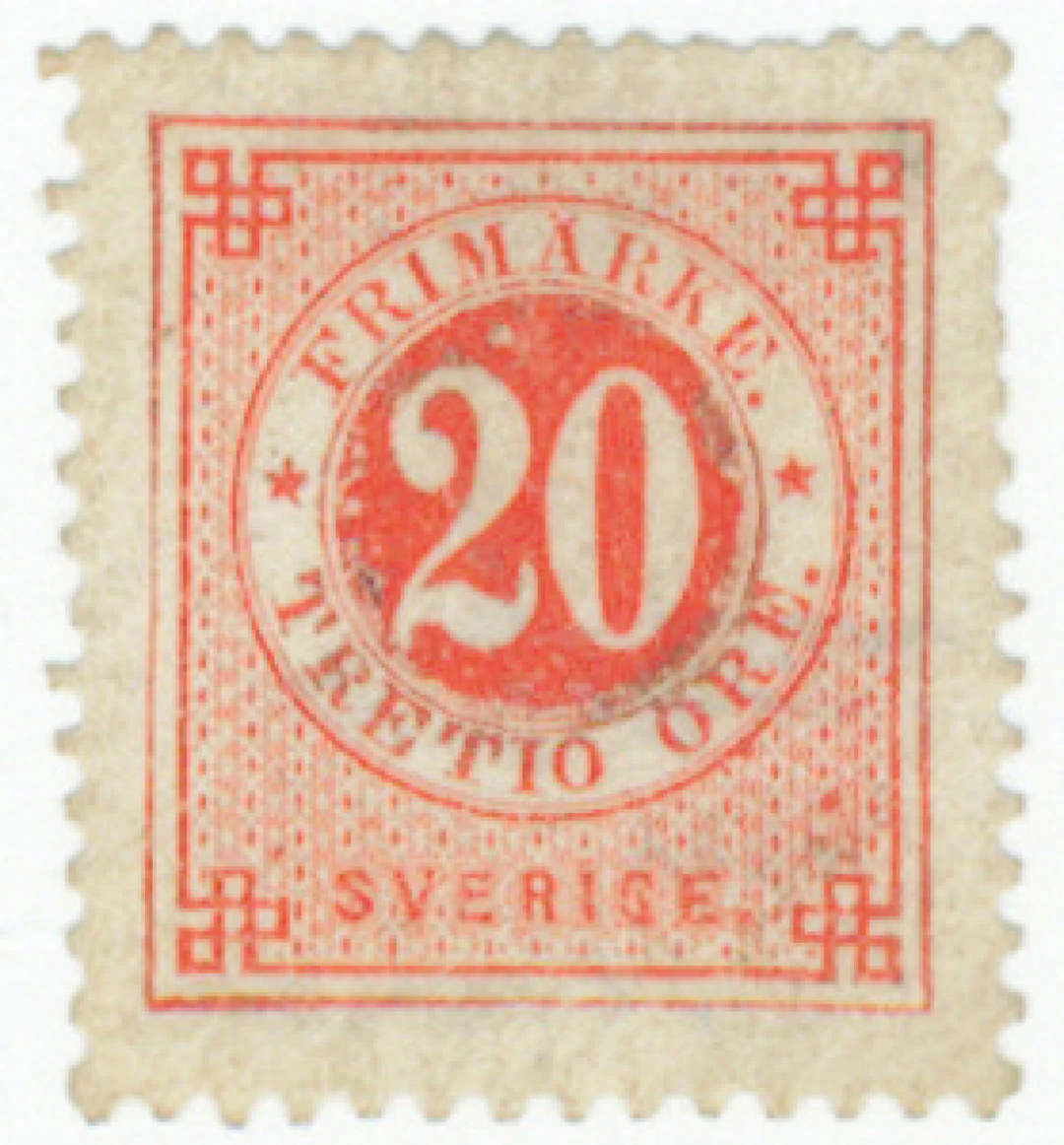 1877 Ring type, perforation 13. 20 öre with ”TRETIO” error in printing
