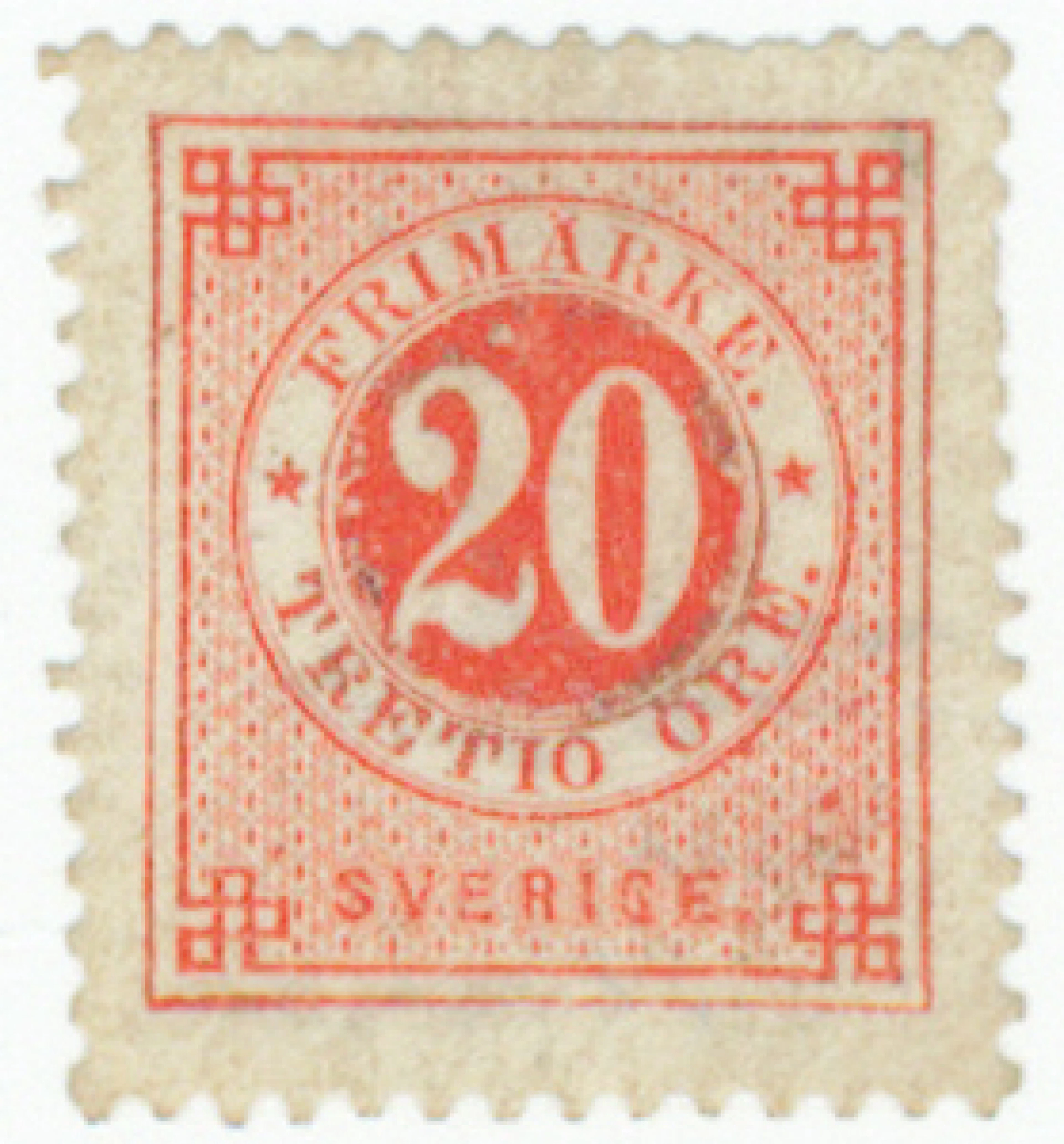 1877 Ring type, perforation 13. 20 öre with ”TRETIO” error in printing