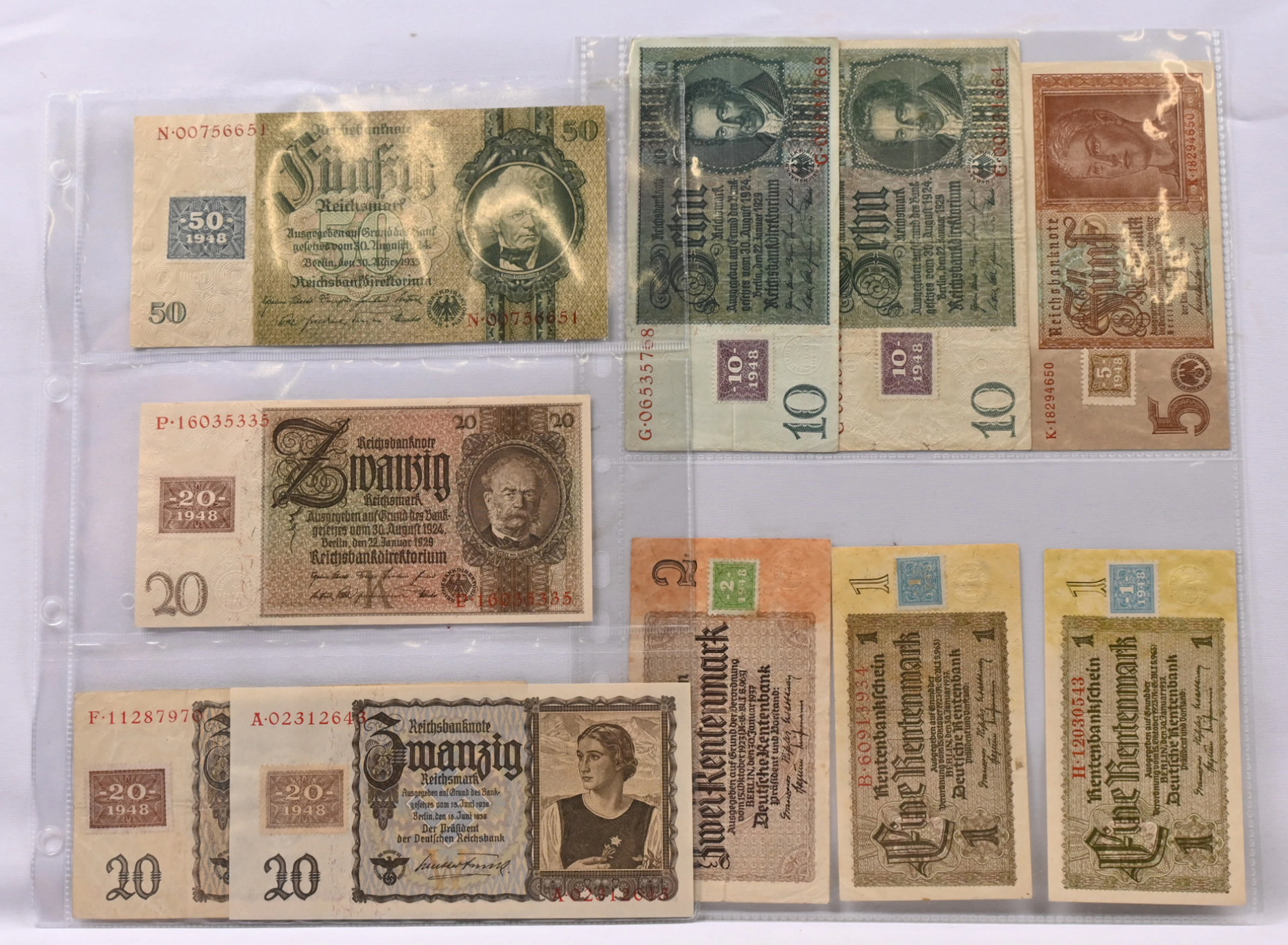 Germany, DDR 1948 13 pieces 1RM - 100RM banknotes. Deutsches Reich's
