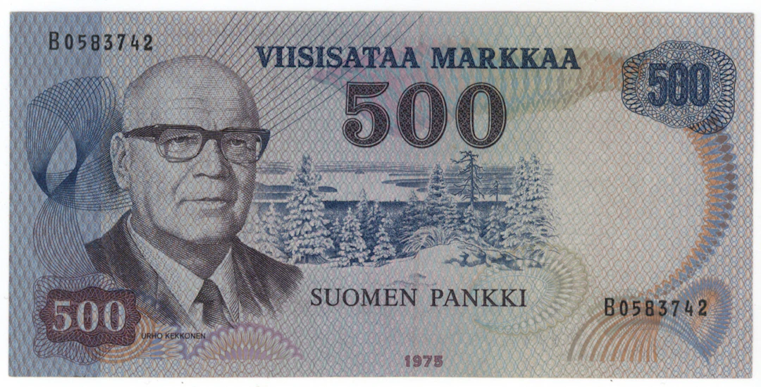 1975 500 markka yellow thread B0583742 WITHOUT SIGNATURES. Condition 1+