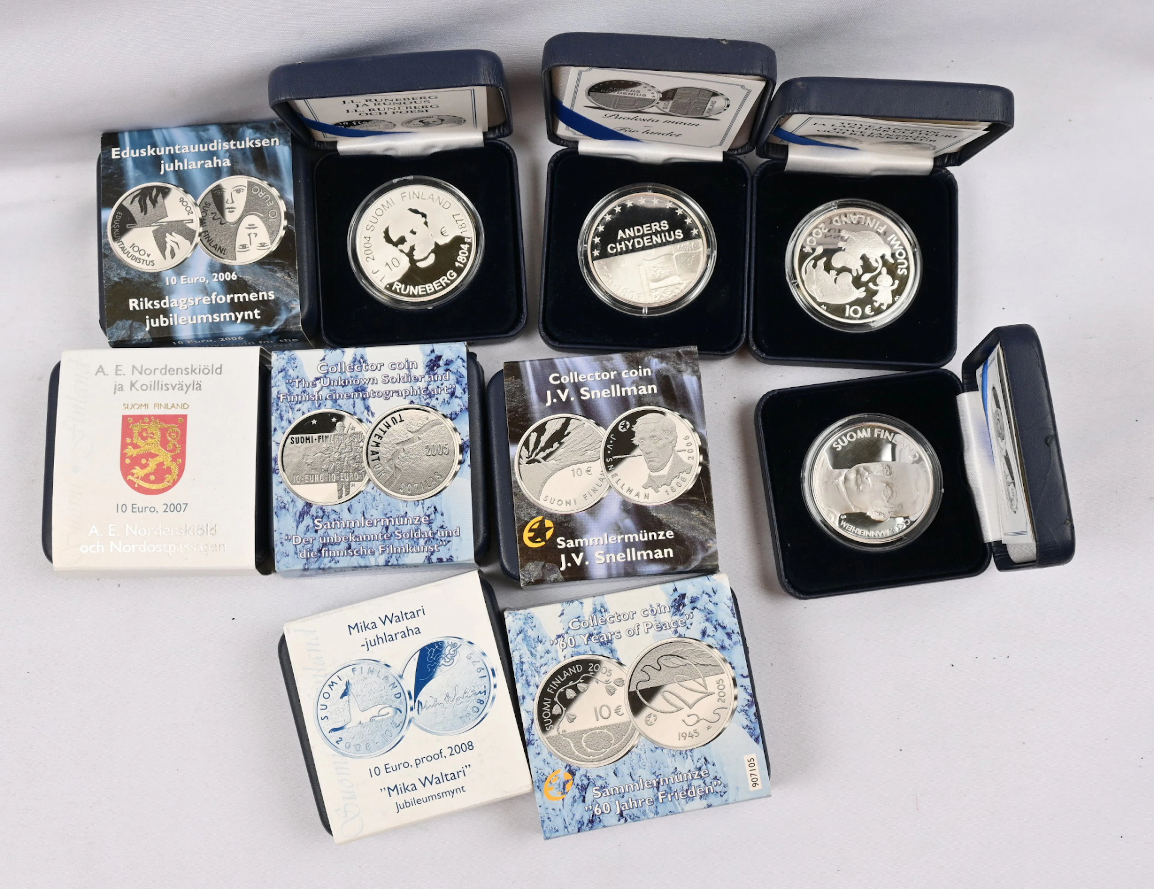 2003 - 2008 ten different 10€ silver (Proof) commemorative coins in