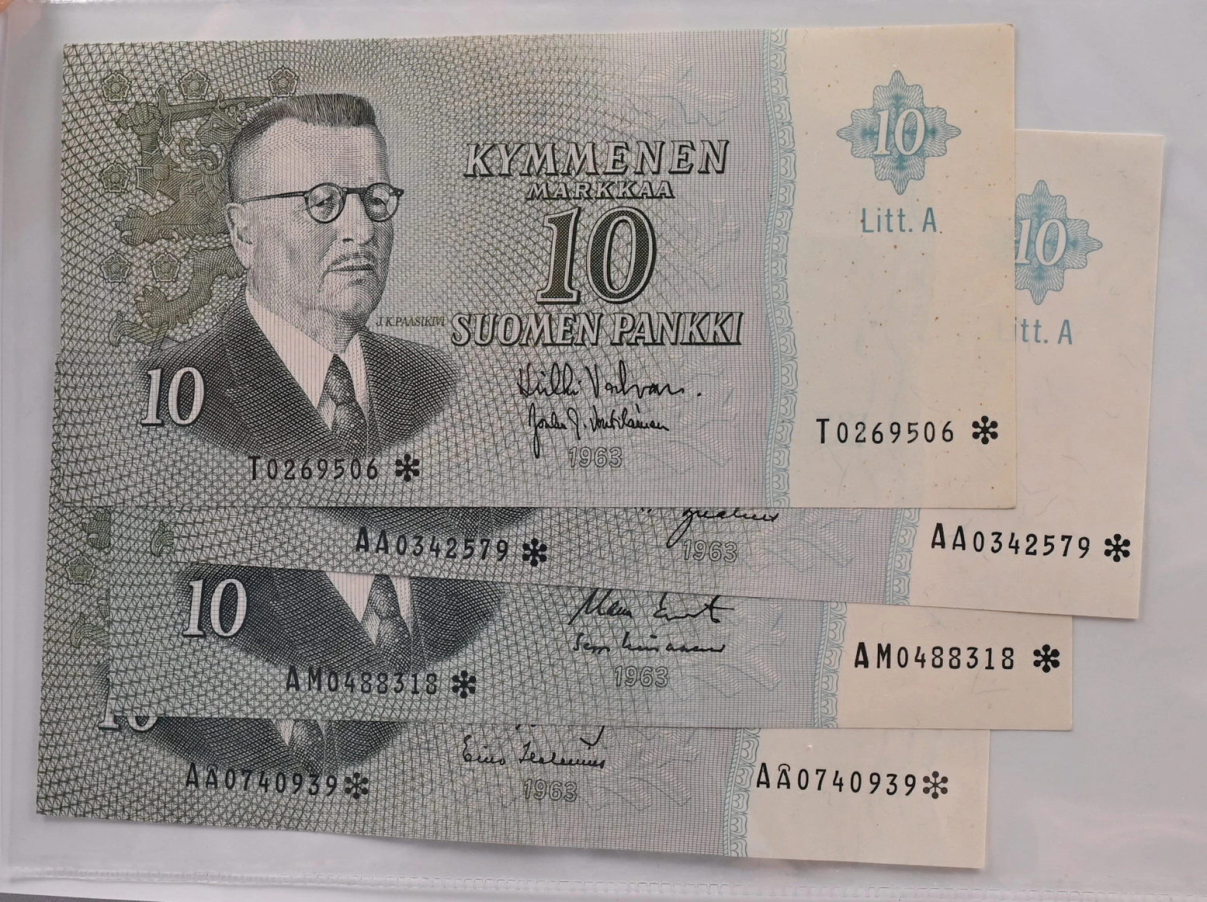 1963 10 markka Litt.A T0269506* VAL/Vou, AA0342579KA1/Ign, AM0488318KO2/Lin