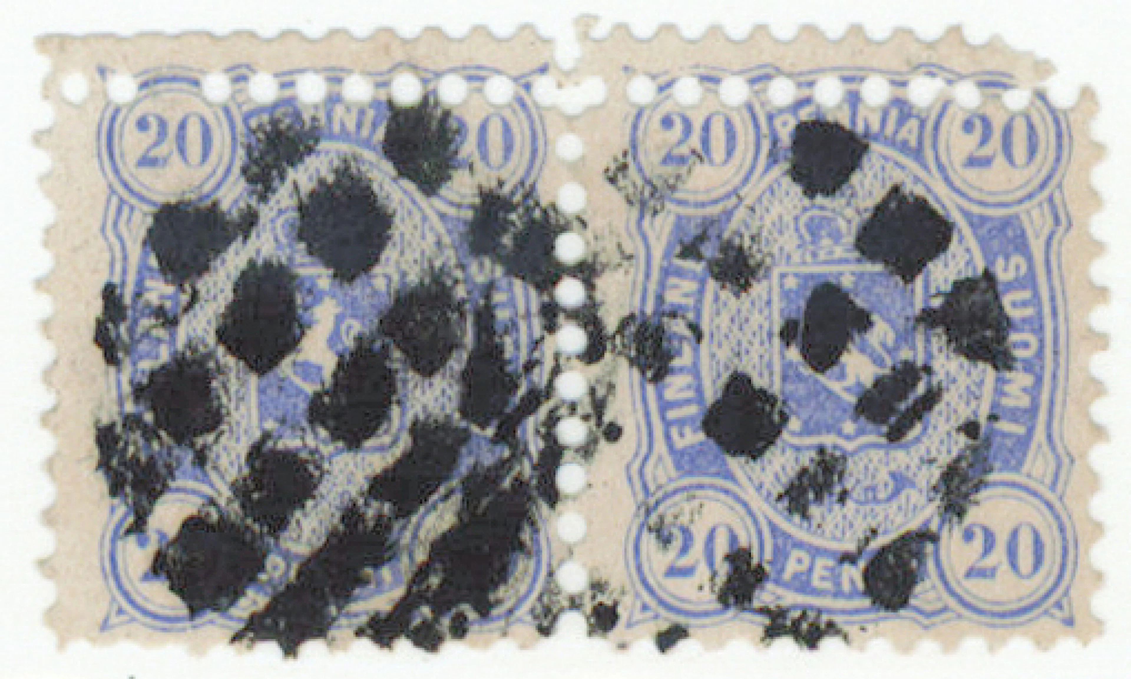 20 penni ultramarine pair with figure cancellation, DOUBLE PERFORATION