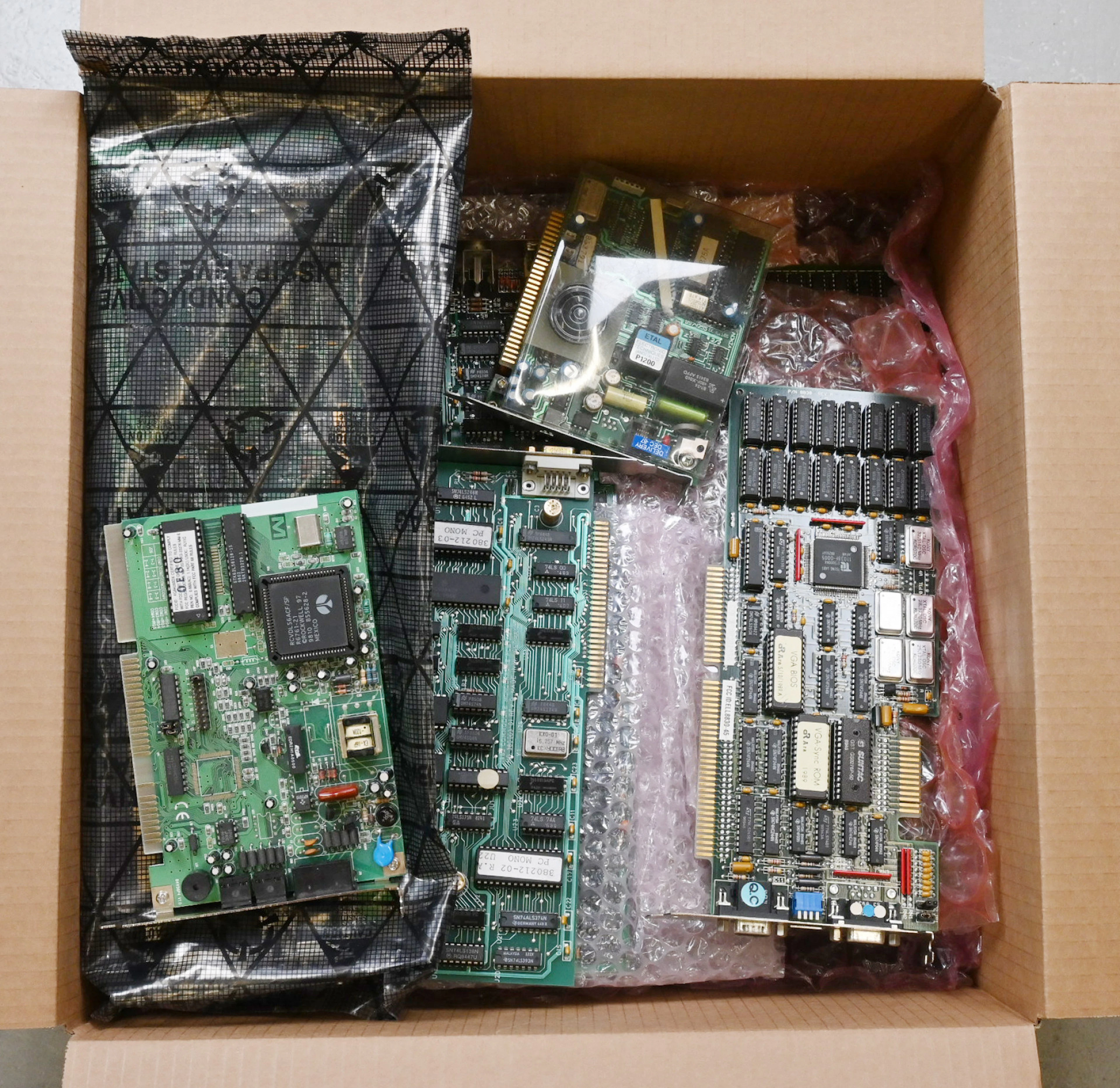 A box of computer history. PC motherboard with 8088 processor and