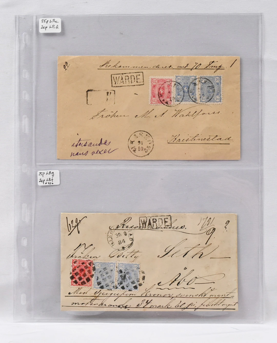 25 penni red two fine insured covers with additional stamps. Kaskö