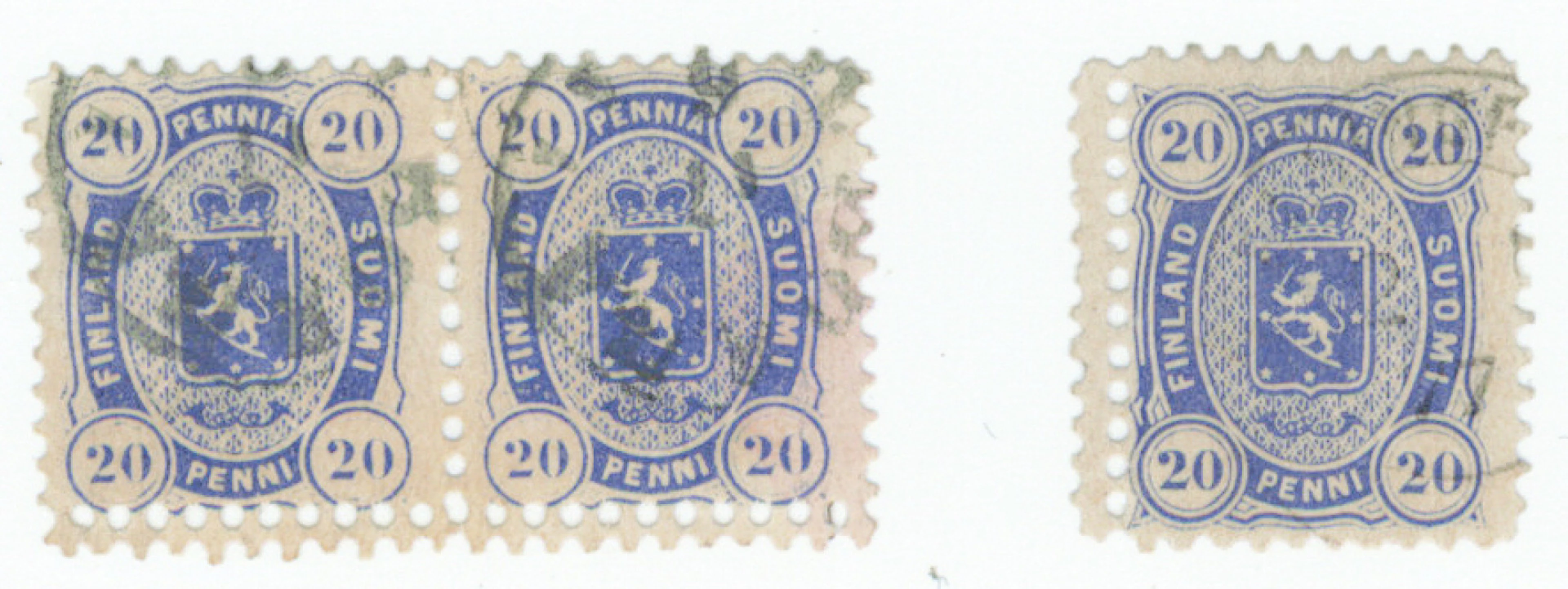 20 penni grayish ultramarine, a pair and a loose stamp, both with