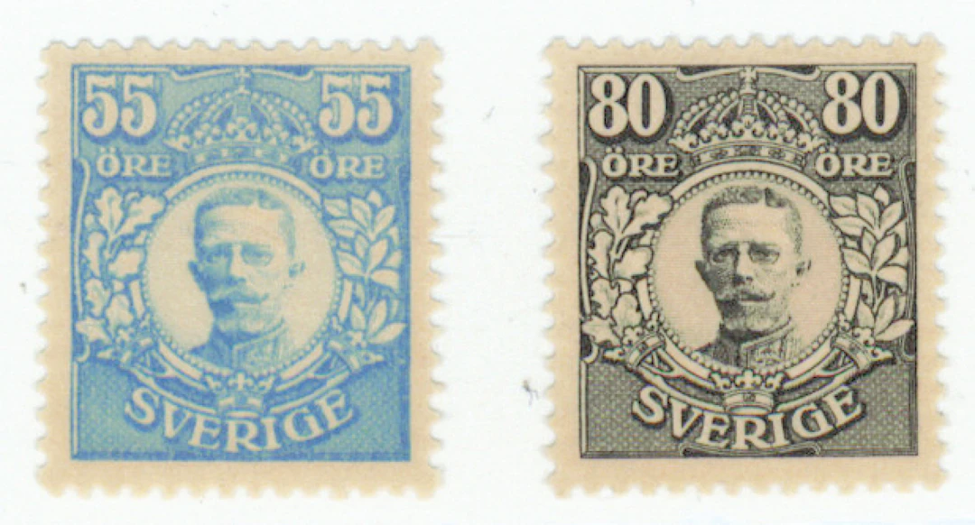 1918 Gustav V Medallion, 55 öre blue and 80 öre black, so-called Wärnämo