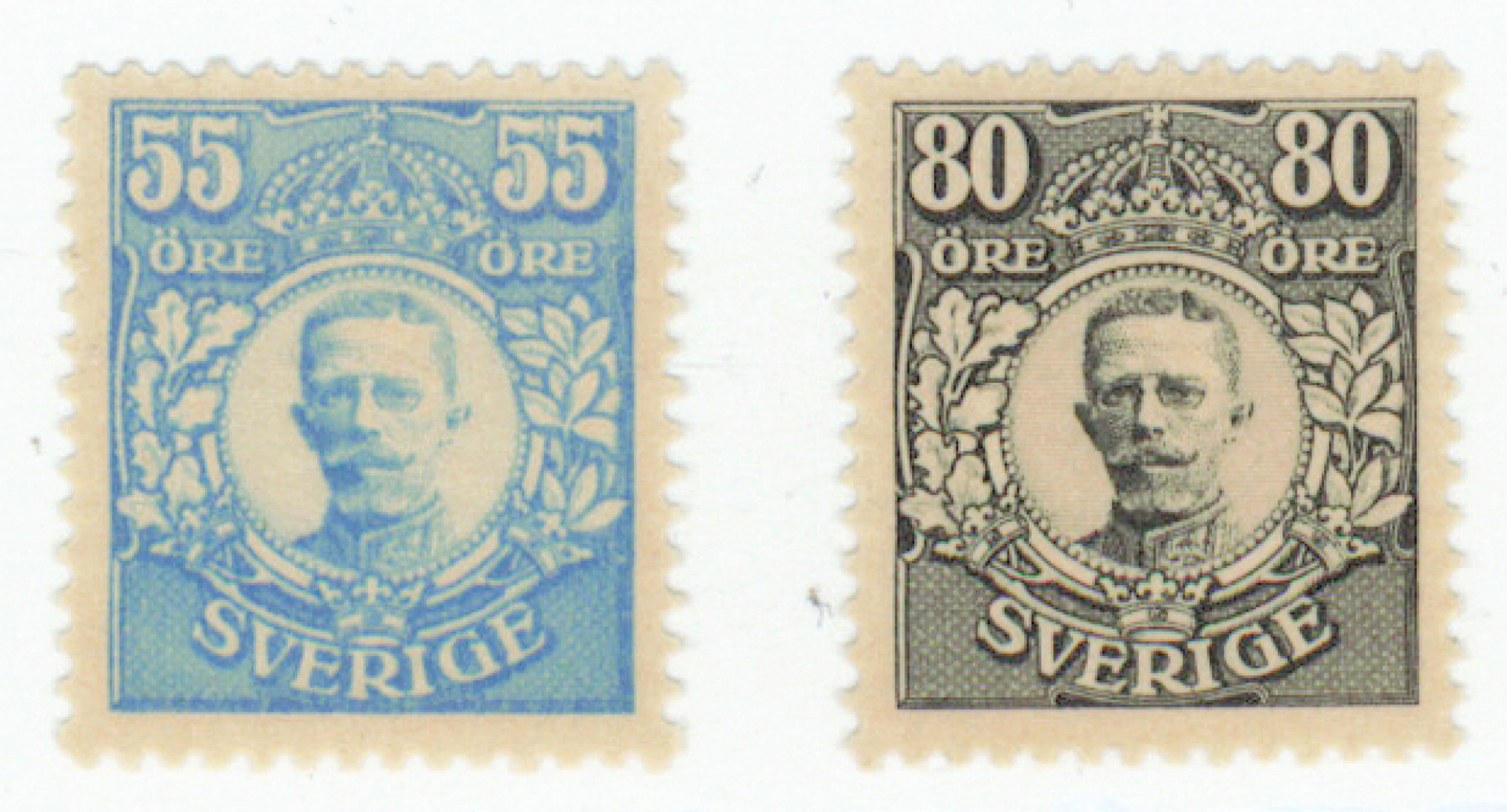 1918 Gustav V Medallion, 55 öre blue and 80 öre black, so-called Wärnämo