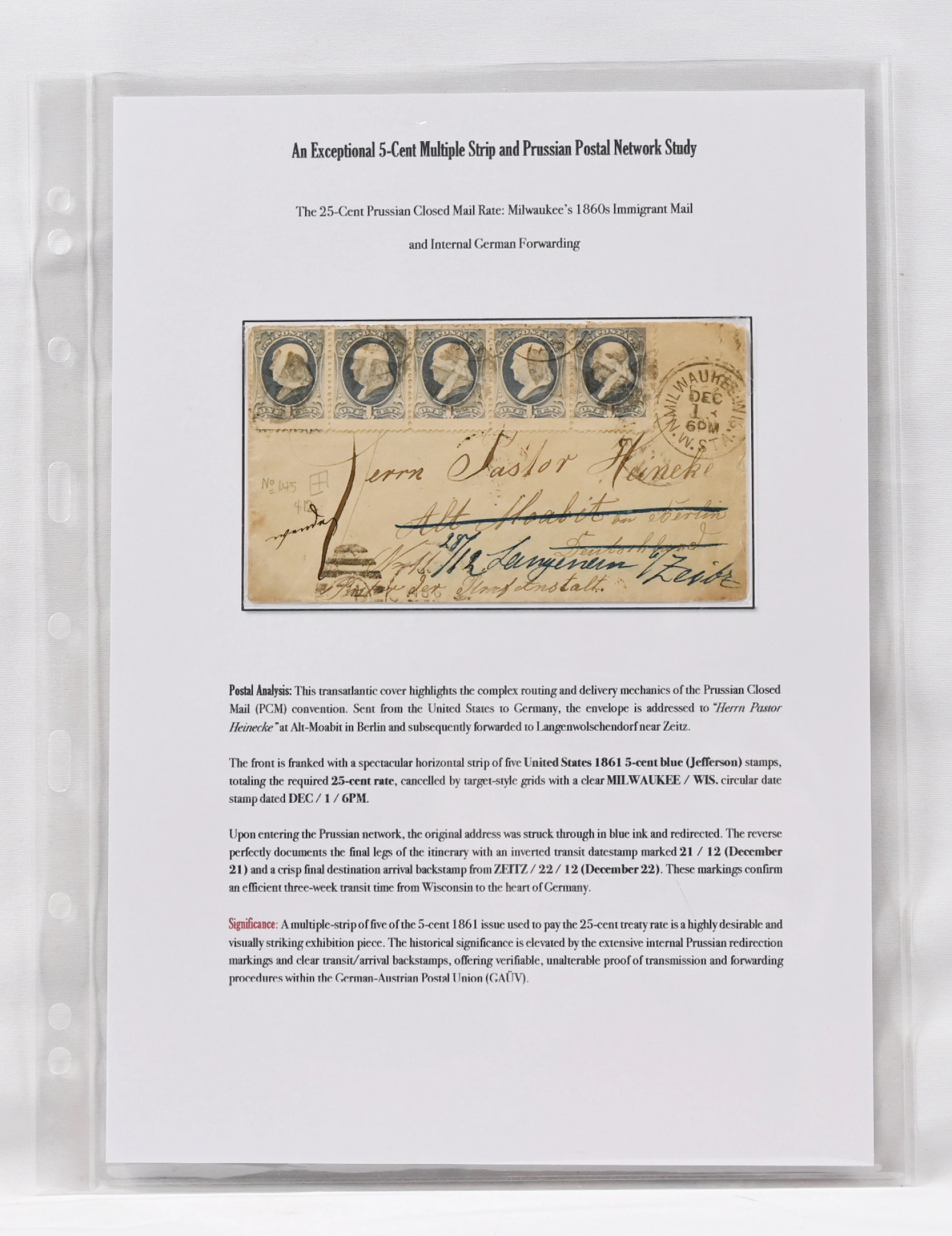 1861 Jefferson 5 c stamps (strip of five) on a shipment to Germany.