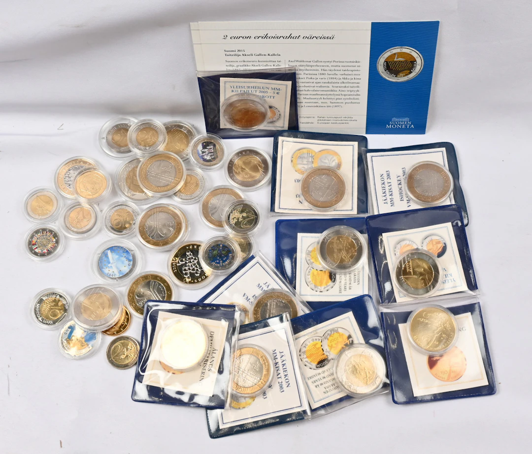 Coloured euro value and markka value coins 16 pieces and two gold-plated