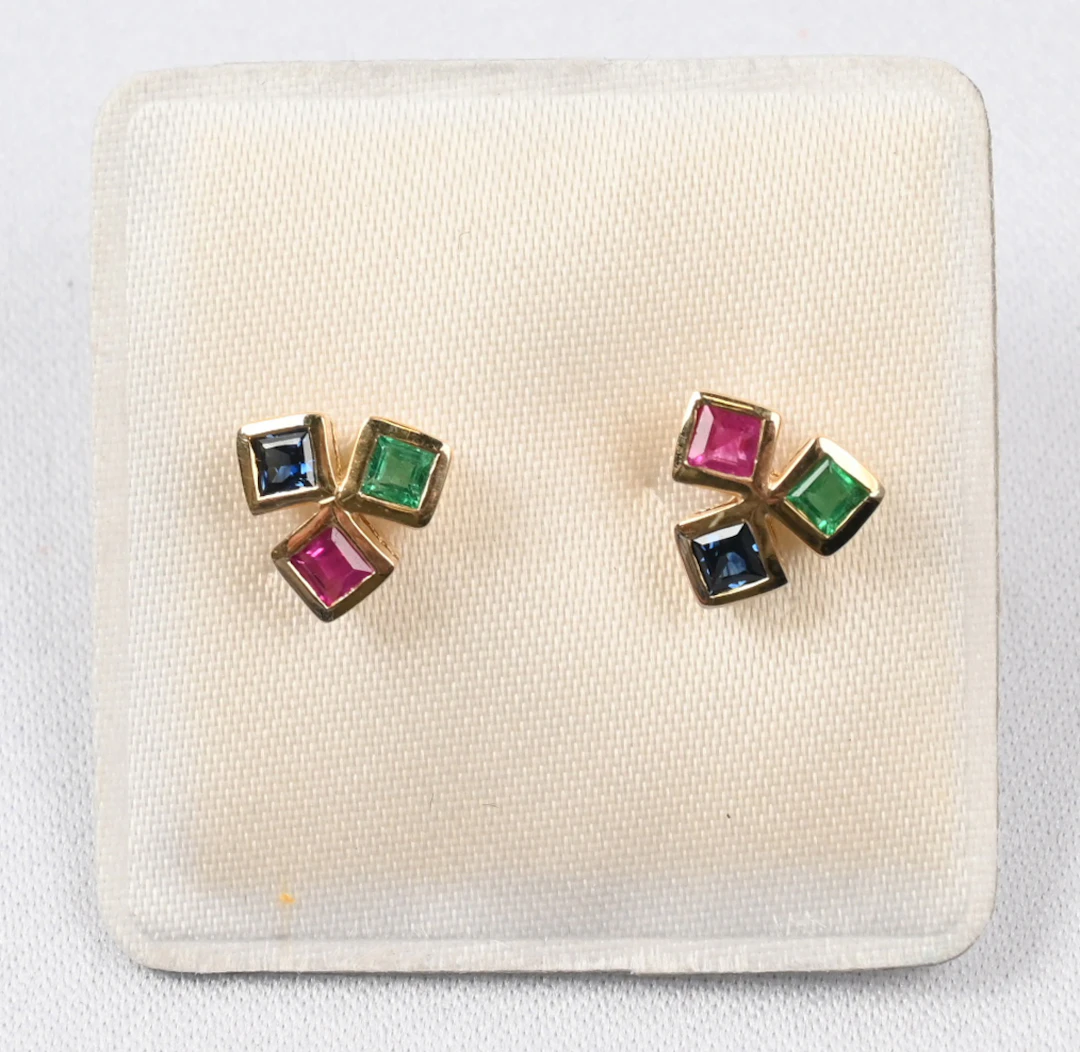 Earrings with colorful stones gold (585). Gross weight approximately 1.8 g.