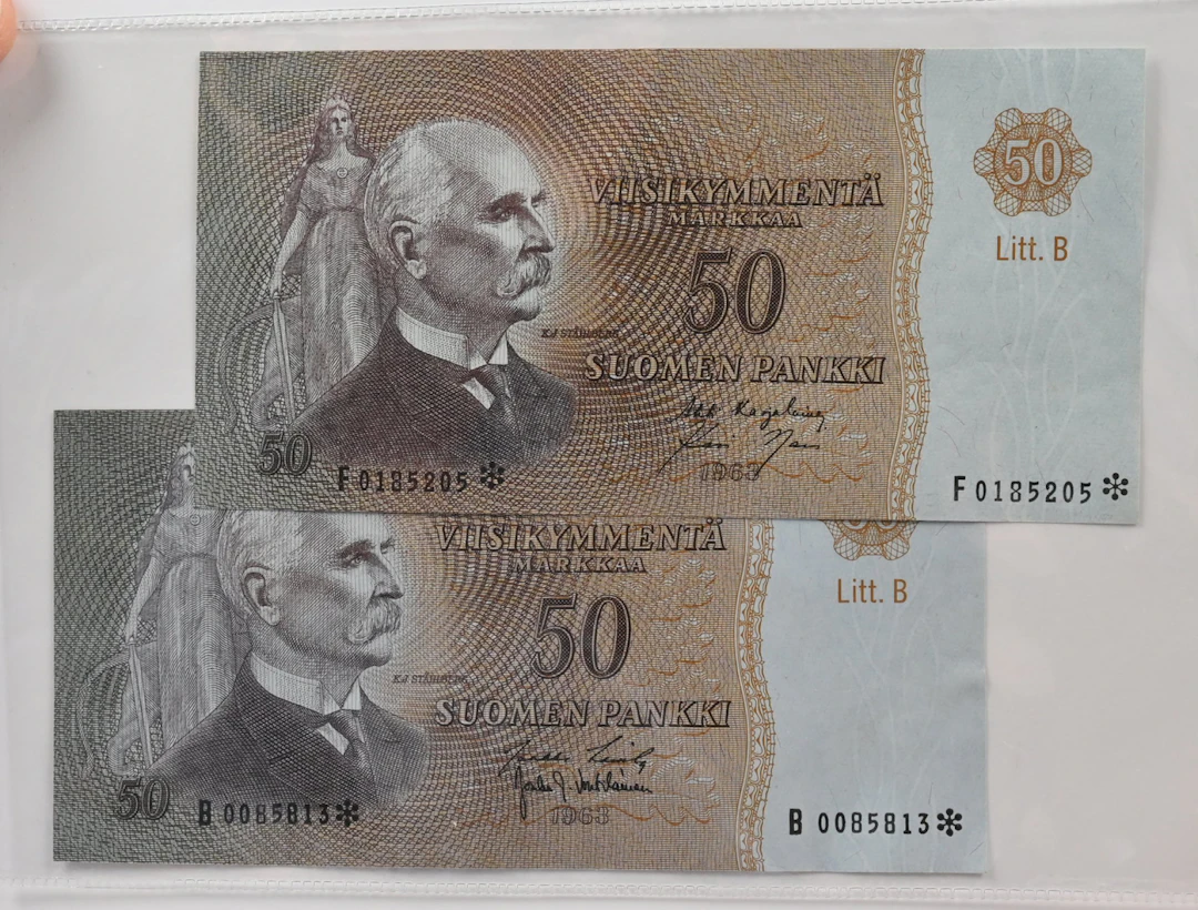1963 50 markka Litt.B B0085813* LAS/Vou condition 1+ and F0185205*