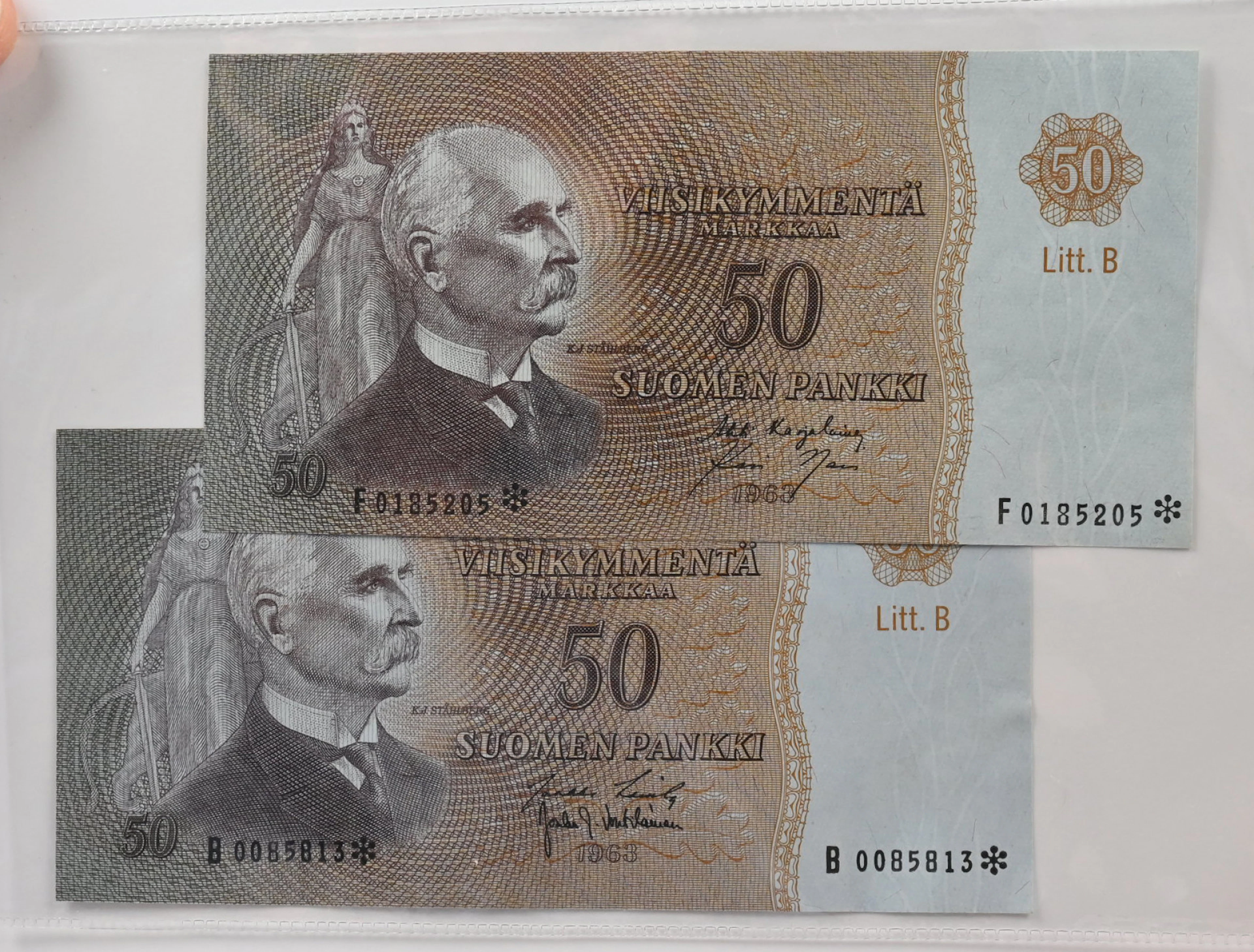 1963 50 markka Litt.B B0085813* LAS/Vou condition 1+ and F0185205*