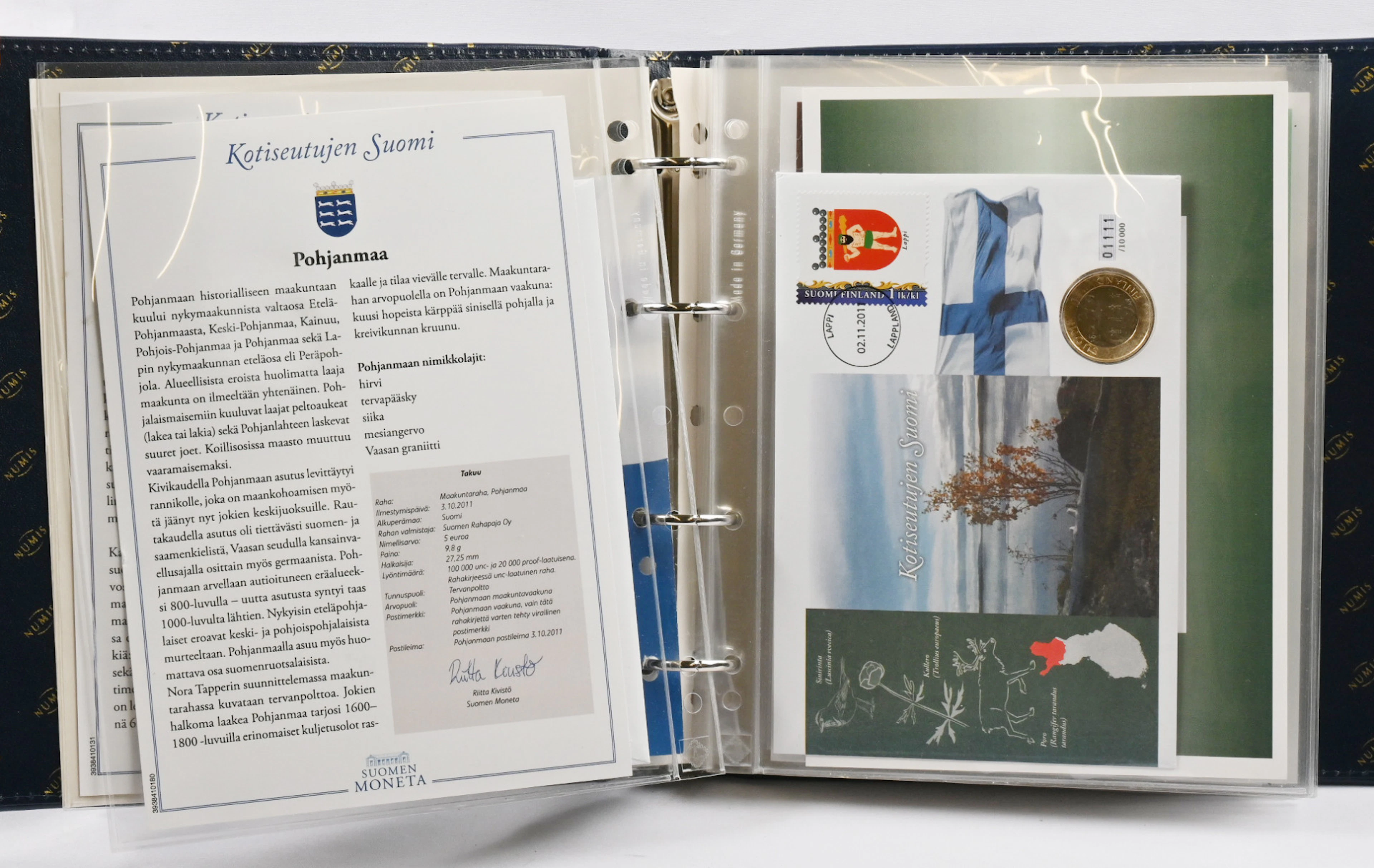 Moneta's "Kotiseutujen Suomi" series in an album as coin letters, 10 pieces.