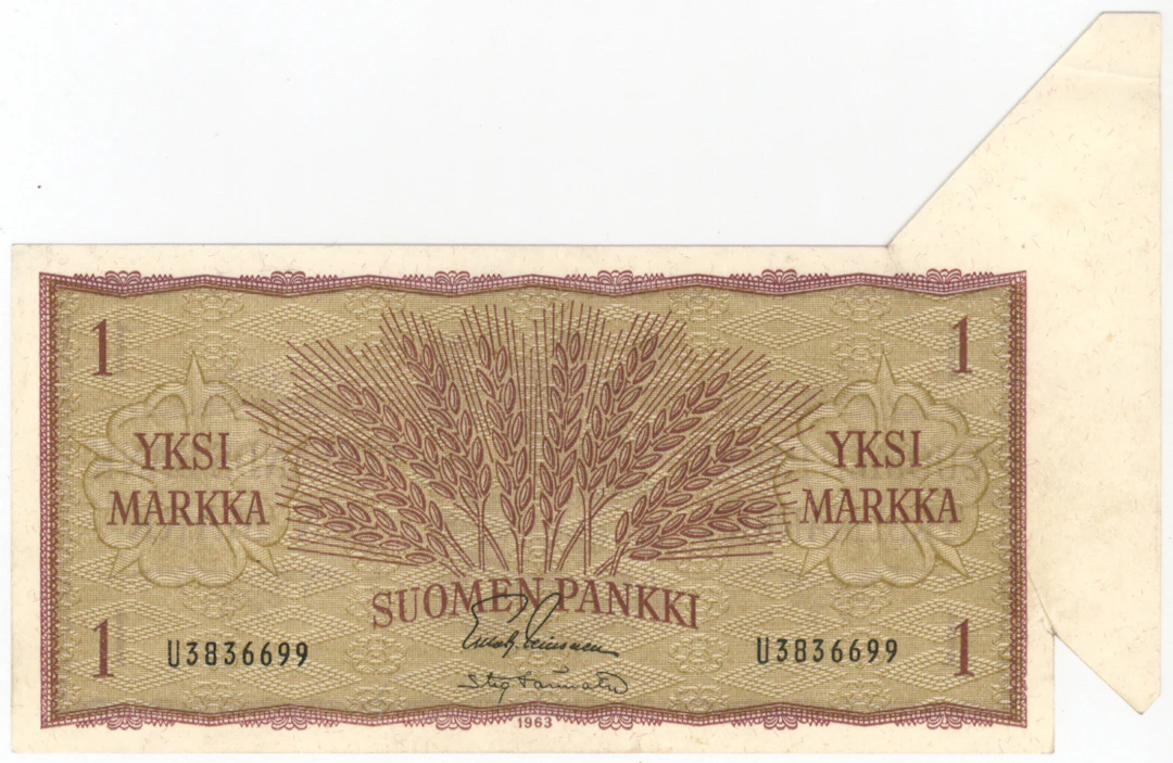 1963 1 markka with a cutting error! Fine variety!