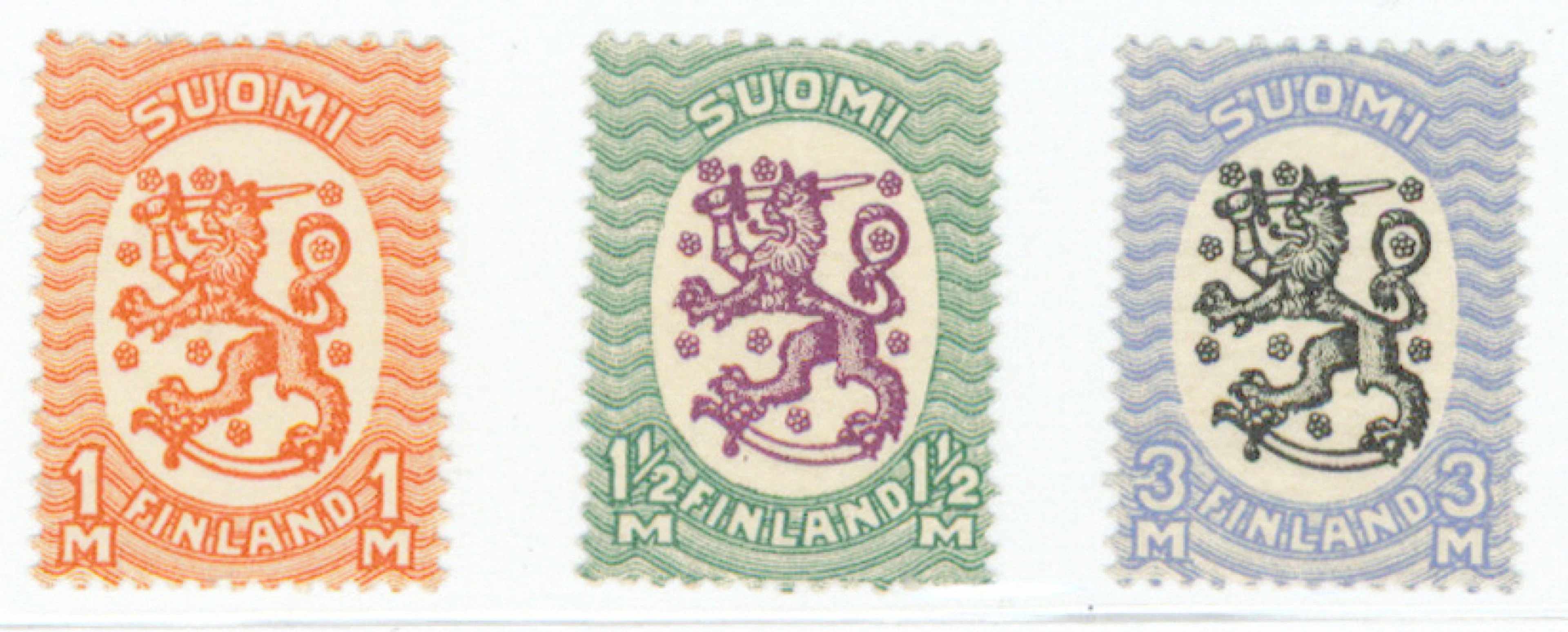 1 markka BW3, 1½ markka BW3 and 3 markka BW3 very fine mint ** stamps
