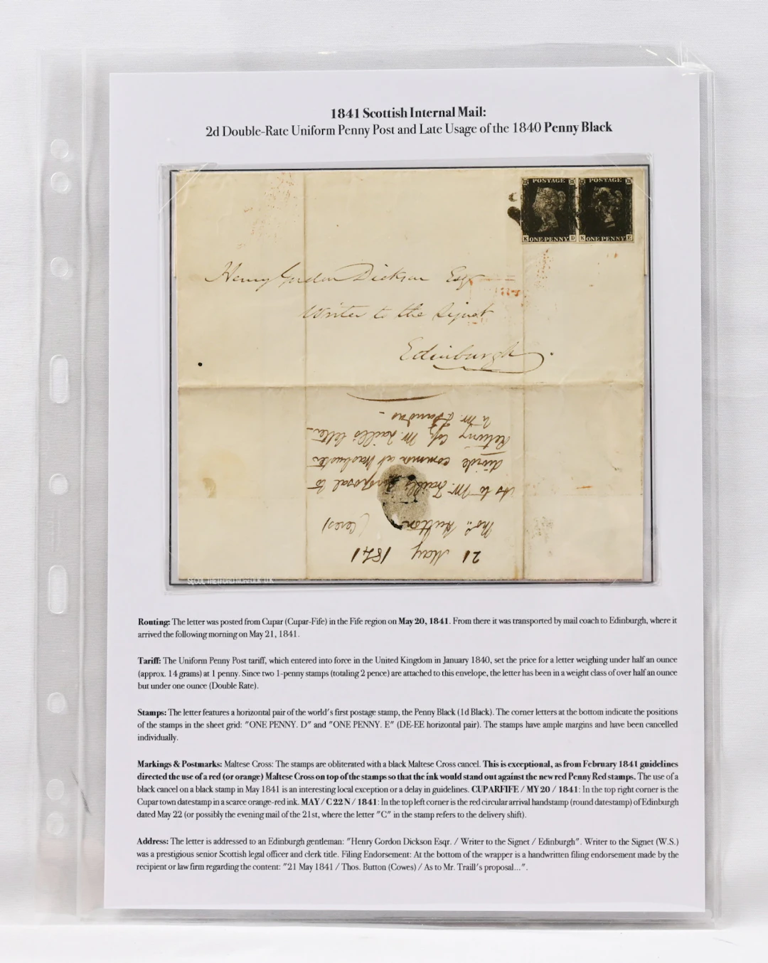 1840 Penny Black Mi 1, horizontal pair (KD-KE) on a beautiful cover